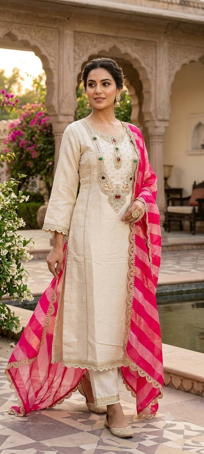 Pure Banarsi Brocade Jewel Stone Golden Panels A-Line Full Suit Set With Dupatta- 16234