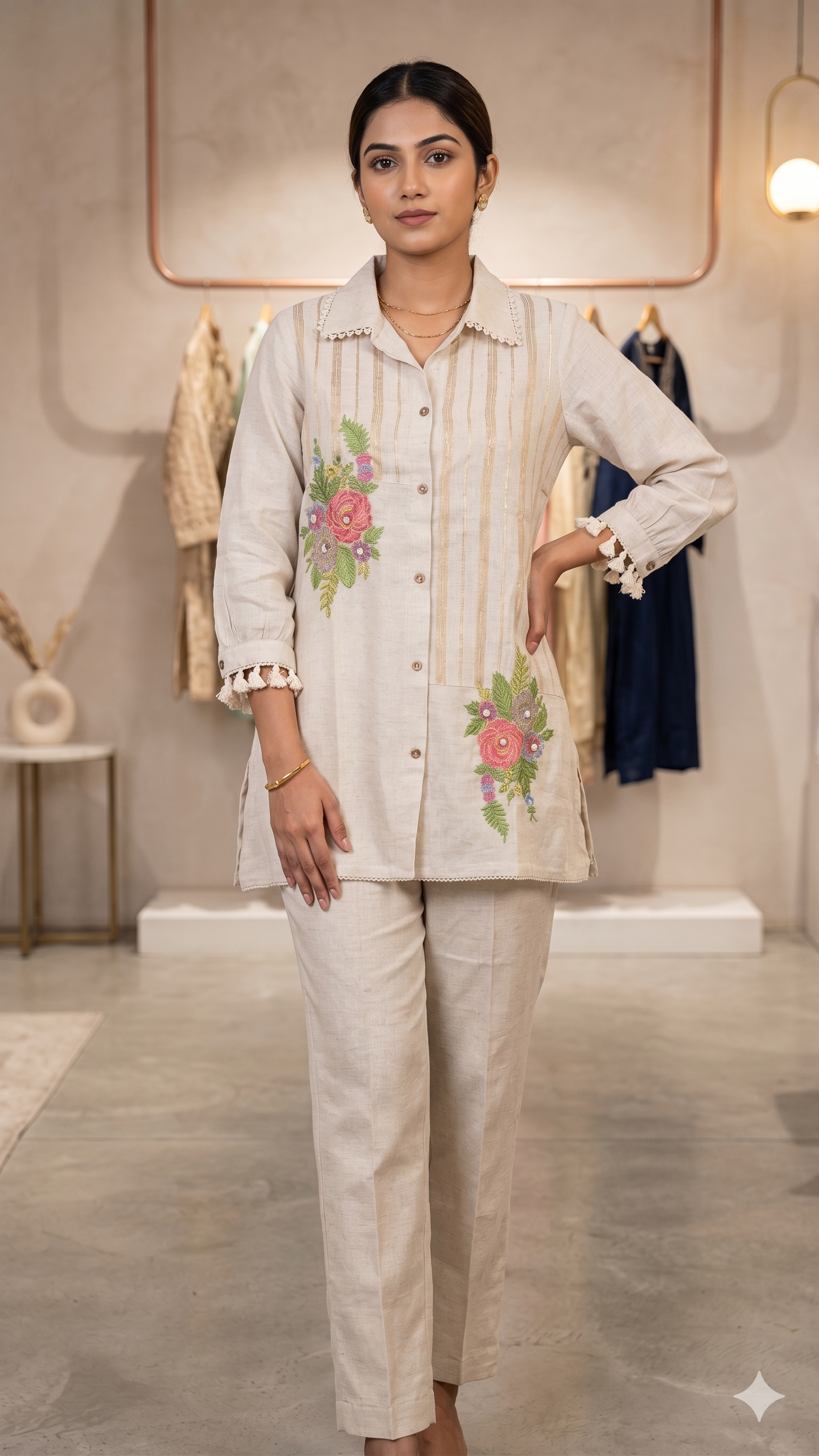 Colorful Intricate Floral Embroidery Minimal Striped Jute Cotton Co-Ord Set- 14738