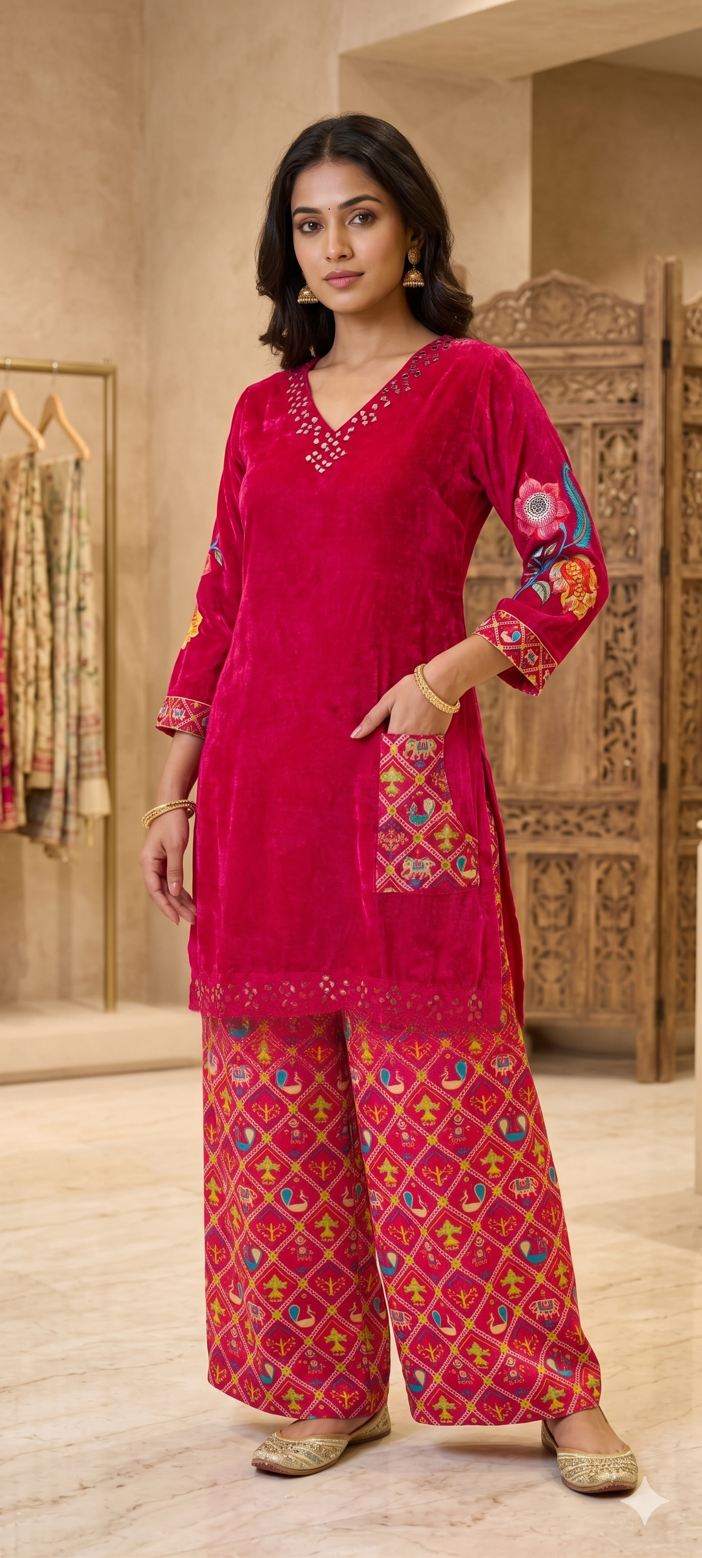 Rajasthani Inspired Patchwork High Contrast Crepe Kurta Pant Set With Pocket RB166