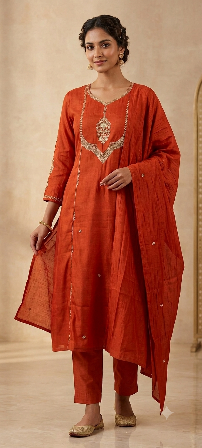 Cut-Dana Sequin Embroidered Yoke Surat Mul-Chanderi A-Line Full Suit Set With Dupatta- 15322