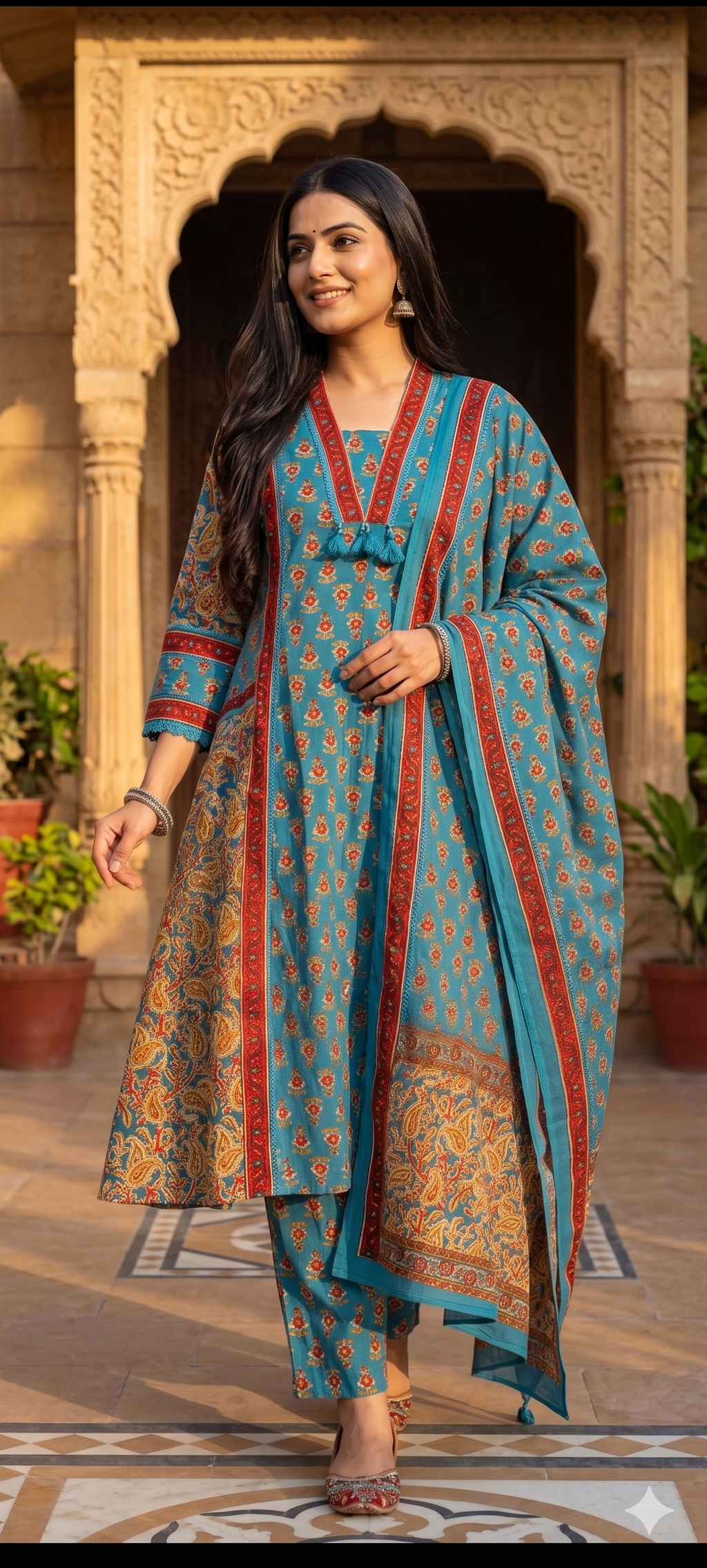 Royal Classic Mughal Floral Block Printed A-Line Cotton Full Suit Set With Dupatta