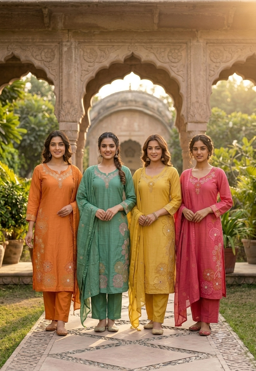 Intricate Embroidered Elegance Surat Mul-Chanderi Straight Full Suit Set With Dupatta- 16085