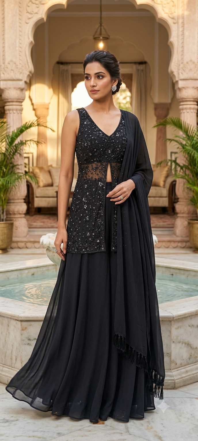Premium Georgette Celestial Intricate Stones Cut-dana Embroidery Peplum Kurta WithFlared Palazzo Bottom & Tasseles Dupatta- 15007