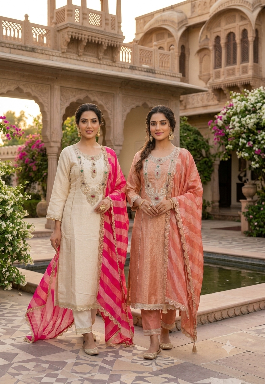 Pure Banarsi Brocade Jewel Stone Golden Panels A-Line Full Suit Set With Dupatta- 16234