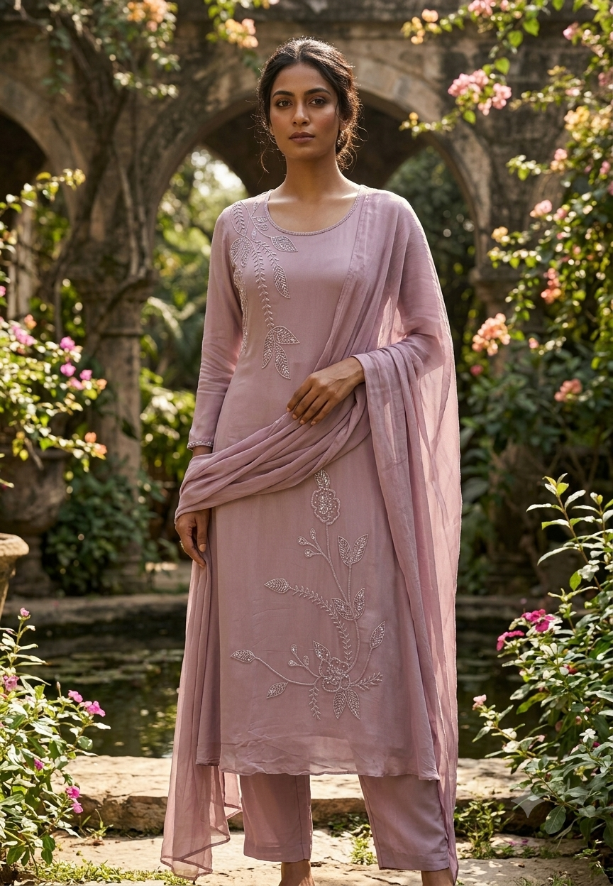 Vine & Floral Branch Intricate Cutdana Embroidered Full Suit Set With Dupatta- 15939