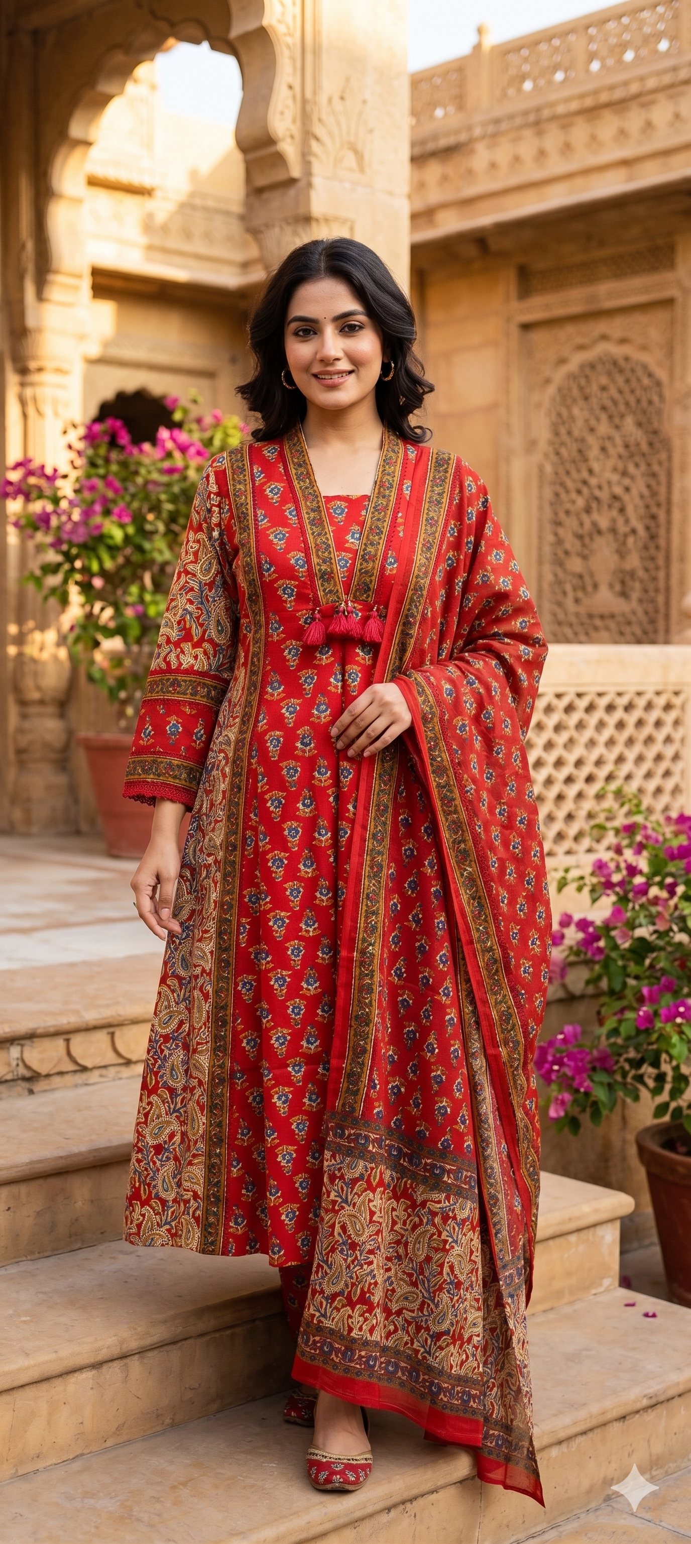 Royal Classic Mughal Floral Block Printed A-Line Cotton Full Suit Set With Dupatta