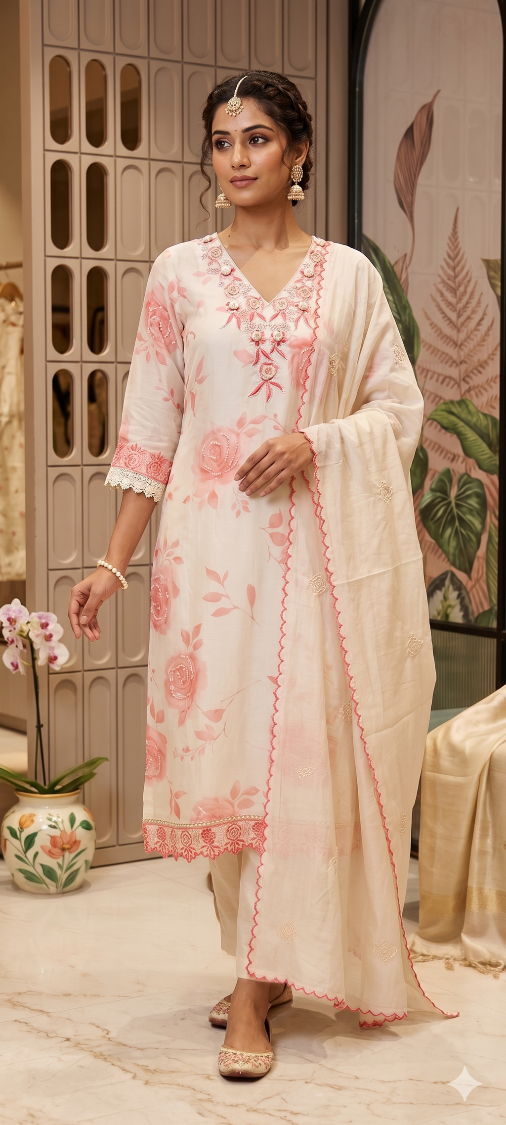 Floral Popped Embroidered Neckline Rosy Petal Printed Full Suit Set WIth Dupatta In HO Silk Fabric- 14791