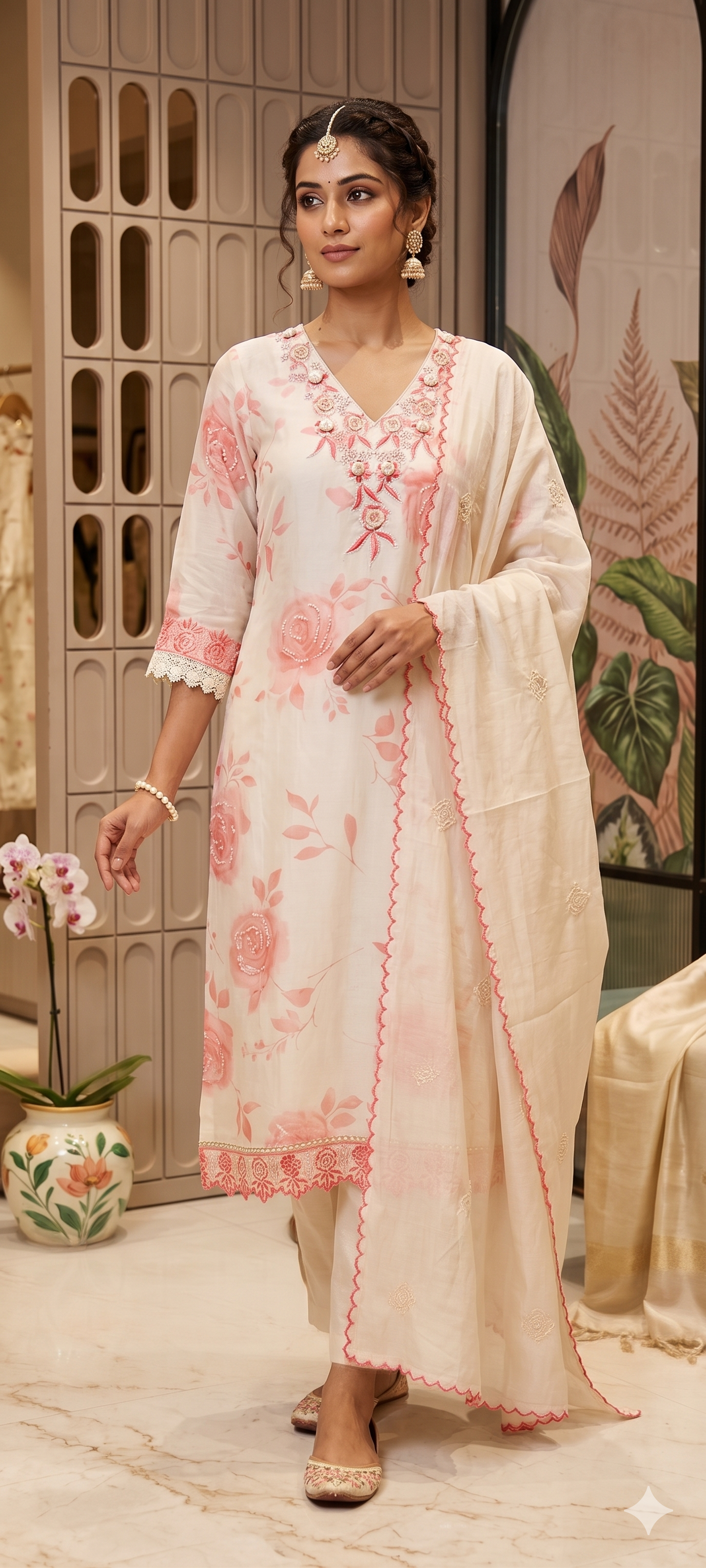 Floral Popped Embroidered Neckline Rosy Petal Printed Full Suit Set WIth Dupatta In HO Silk Fabric- 14791