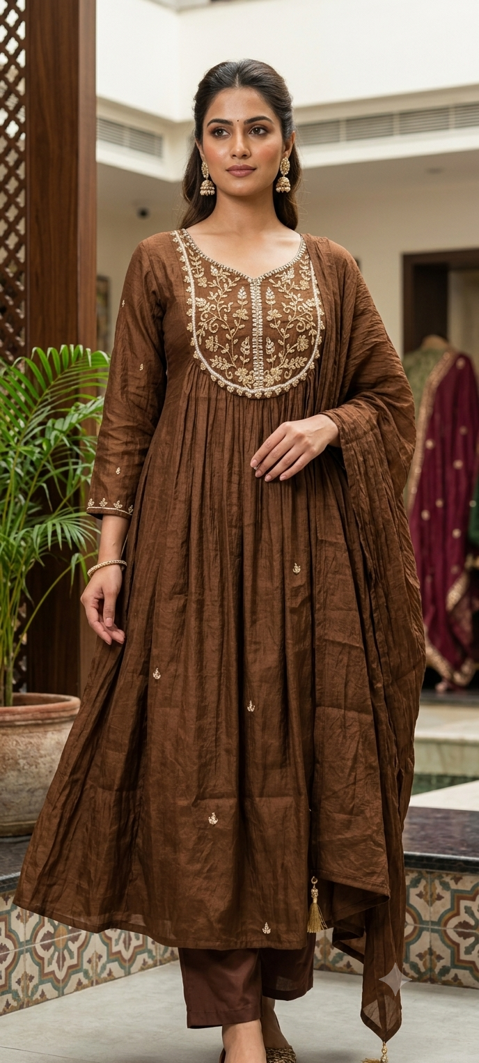 Zardosi Cut-Dana Embroidered Yoke Surat Mul-Chanderi Anarkali Full Suit Set With Dupatta- 15319