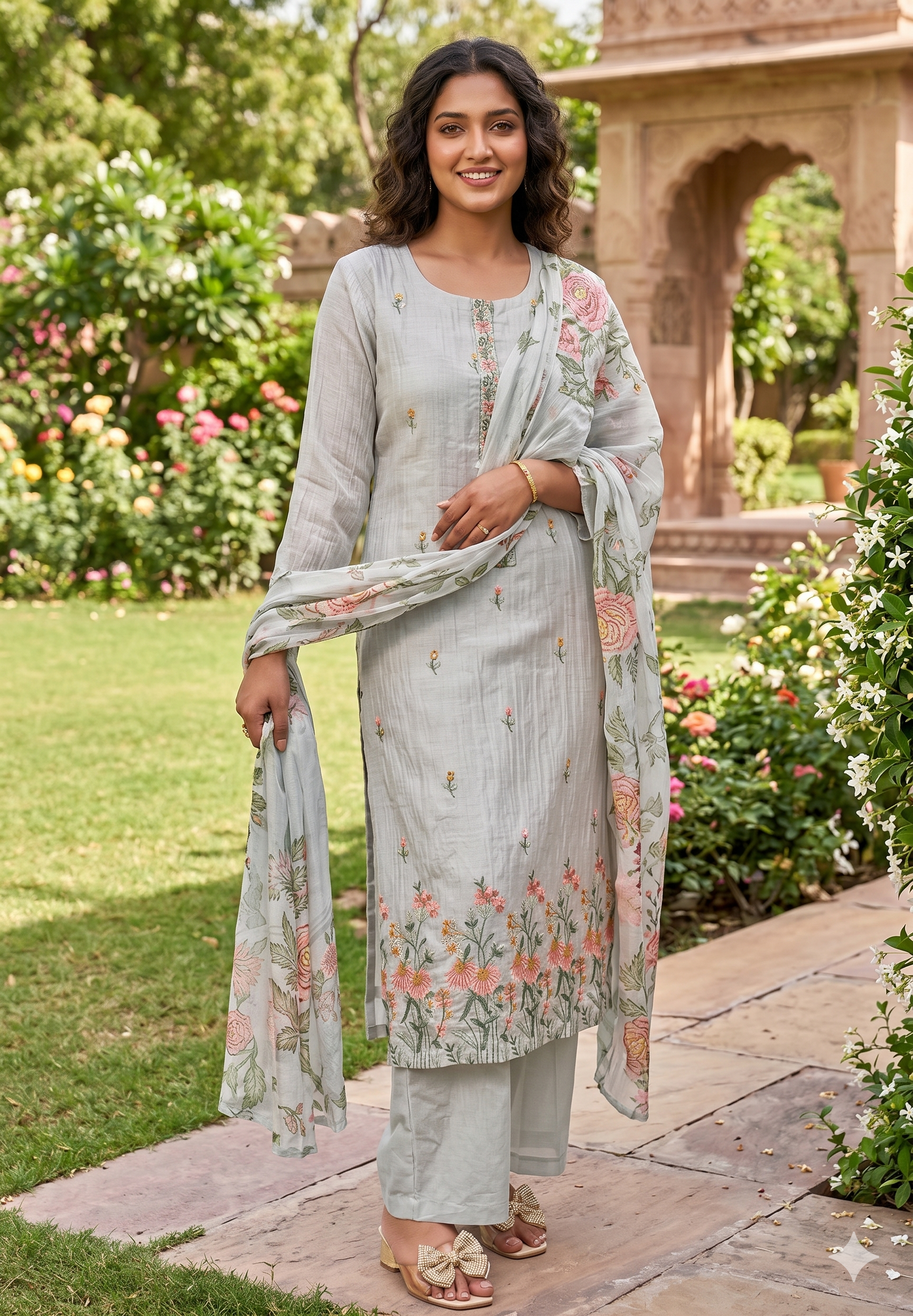 Pastel Soft Apricot & Ash Floral Spring Embroidered Mul Chanderi Full Suit Set With Pure Chiffon Dupatta - 13719,13730