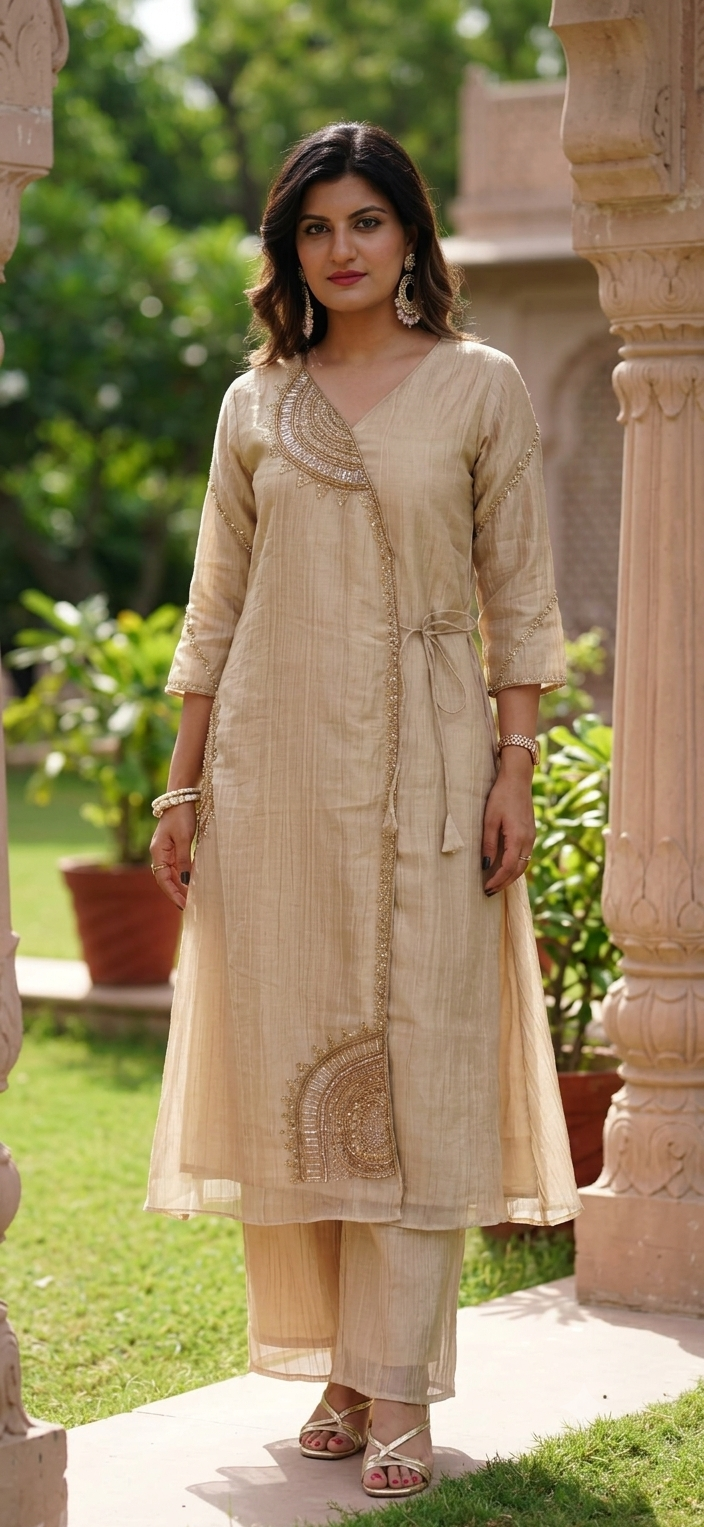 Elegant Cut-Dana With Sequin Half Rounded Embroidery Angrakha Style Salsa Fabric A-Line Full Suit Set With Chowker Dupatta- 15973
