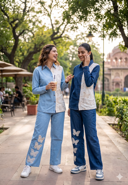 All Over Scattered Butterfly Patch Dual Tone Denim Co-Ord Set-14340 W130