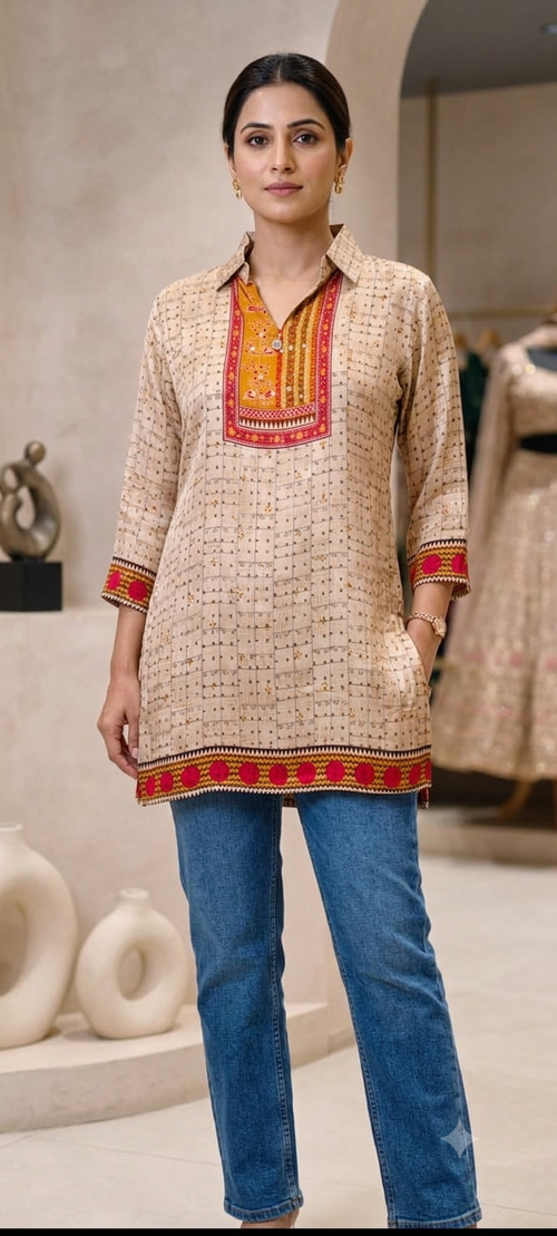 Abstract Highlighted Printed Collared Casual Wear Crepe Shirt- 15634