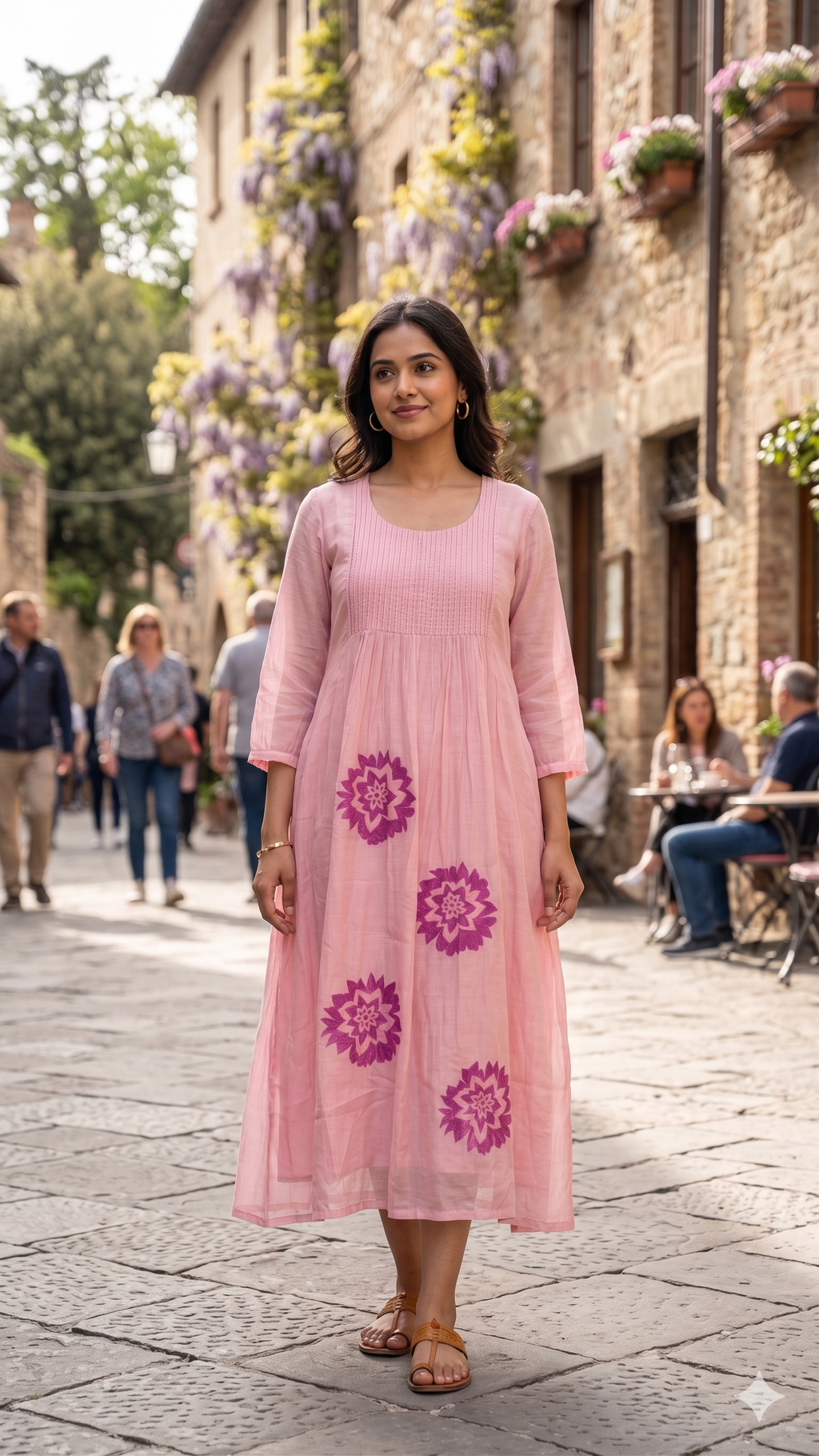 Floral Embroidered Pastel A-Line Mul Chanderi Frock with Pleat Details- 15128