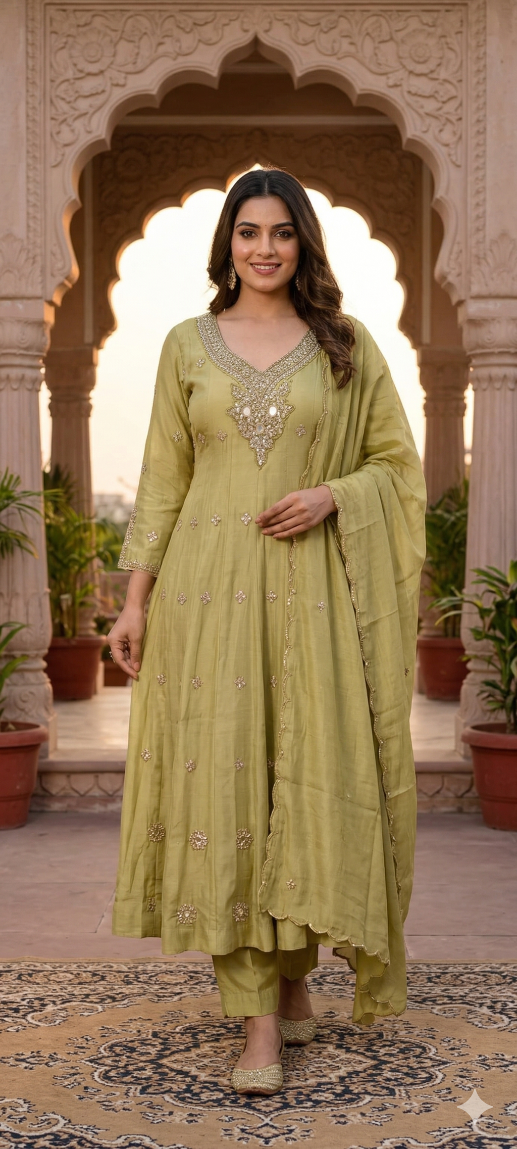 Elegant Anakarli Surat Mulchanderi A-Line Kurta Set with Mirror Embellished Neckline, Straight Pants & Banarasi Striped Dupatta-13884 W37