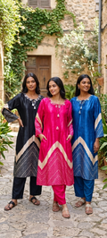 Women Gajji Silk Blend Dual-Tone Shibori Tie-Dye Kurta Pant Set with Intricate Neck Embroidery