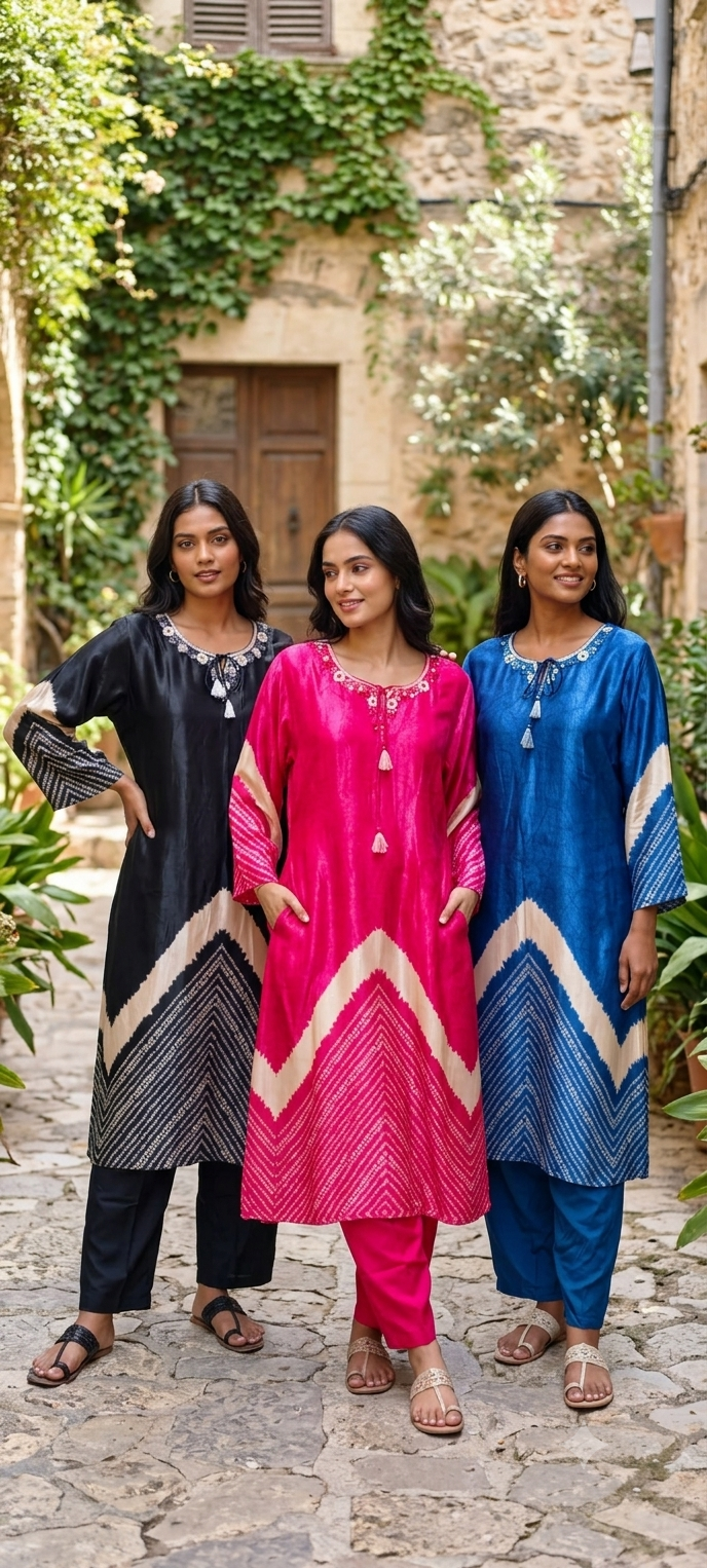 Women Gajji Silk Blend Dual-Tone Shibori Tie-Dye Kurta Pant Set with Intricate Neck Embroidery