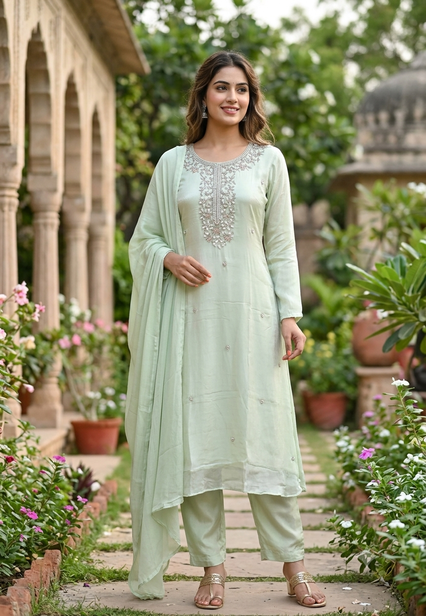 Premium Chinon Pastel Elegance Scattered Bootis & Cut-Dana Ensembelled Full Suit Set With Dupatta- 15502