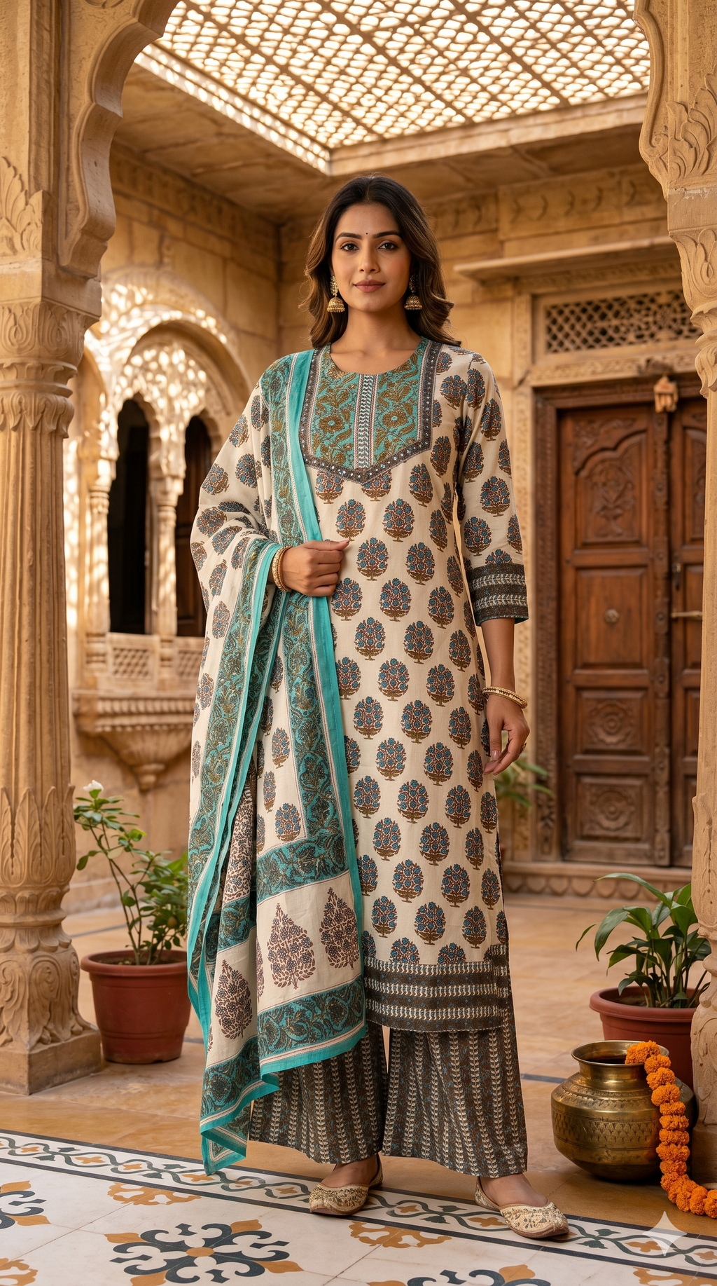 Pure Traditional Printed Ethnic Wear Cotton Full Suit Set With Dupatta- 14695 (Body Hugging)