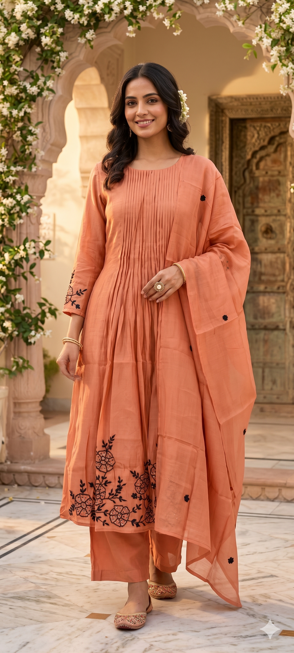 Surat Mul Chanderi Intricate Fine Embroidery Pleated A-Line Solid Full Suit Set With Dupatta- 14677