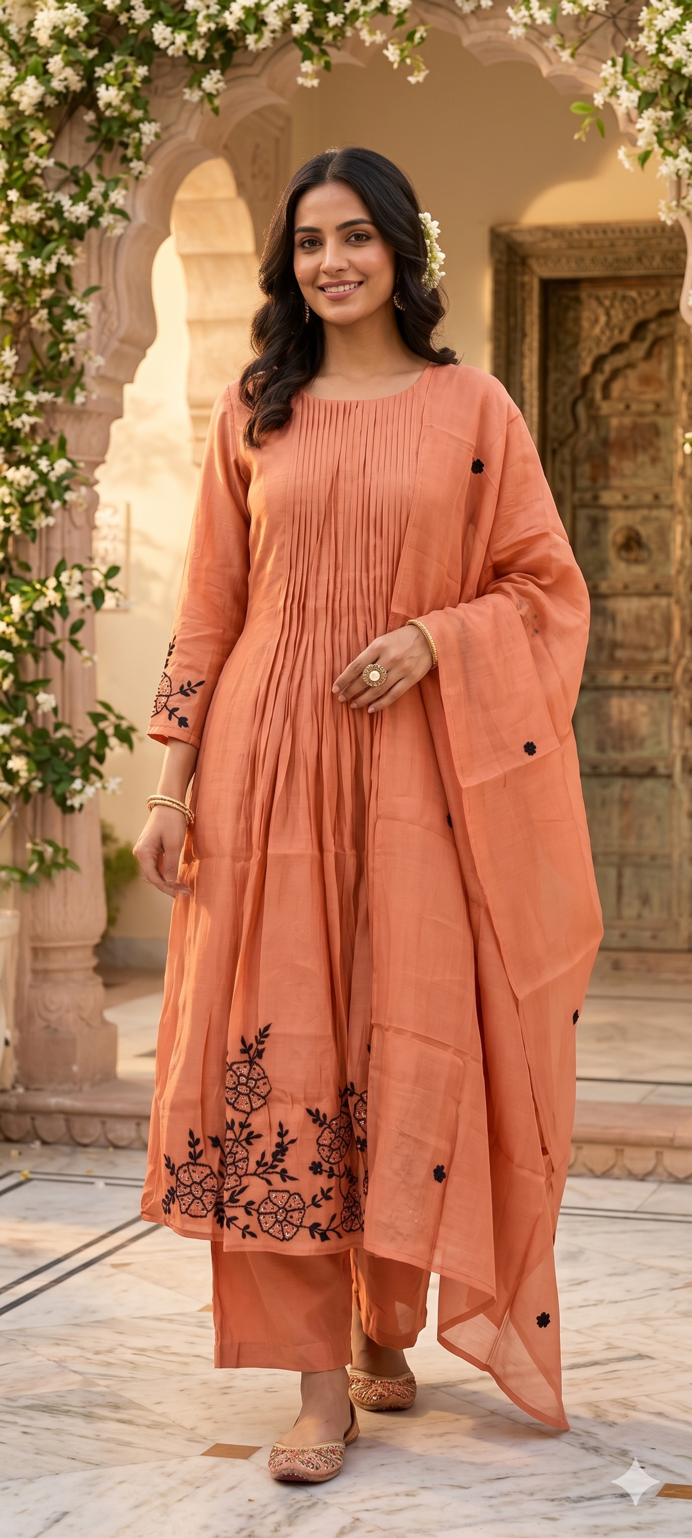 Surat Mul Chanderi Intricate Fine Embroidery Pleated A-Line Solid Full Suit Set With Dupatta- 14677