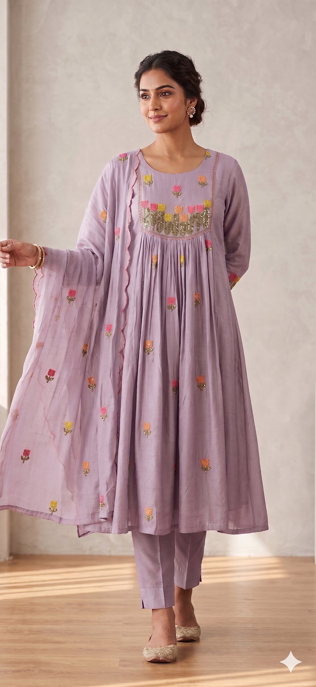 Festive Ethnic Ensemble with Floral Motif Embroidery Surat Mul-Chanderi Full Suit Set With Dupatta- 15079
