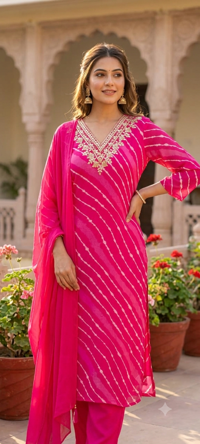 Lehriya Elegance Gotta Neckline Vibrant Chinon Full Suit Set With Dupatta- 15607