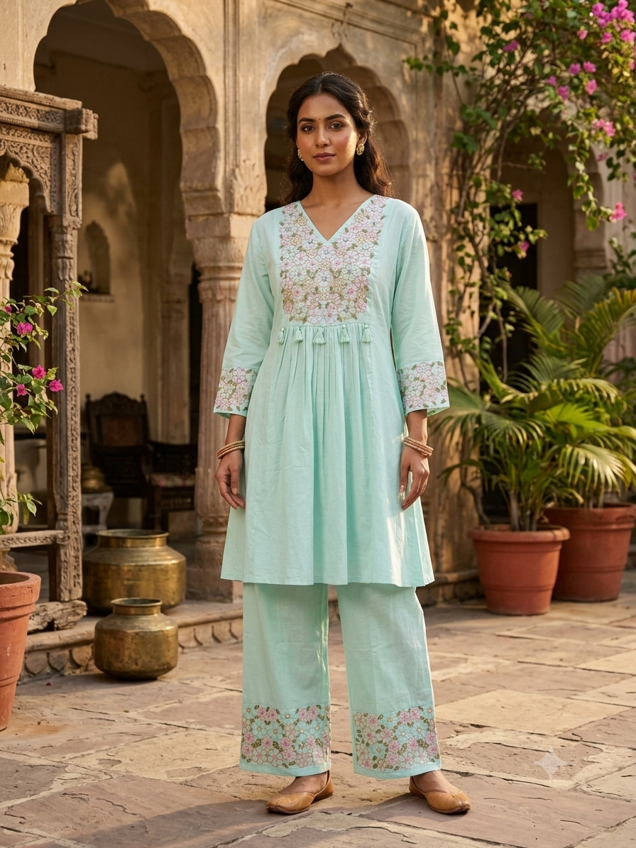 Gathered Daisy Floral Embroidered Yoke Peplum Kurta With Loose Bottom Set In Cotton Fabric- 15483
