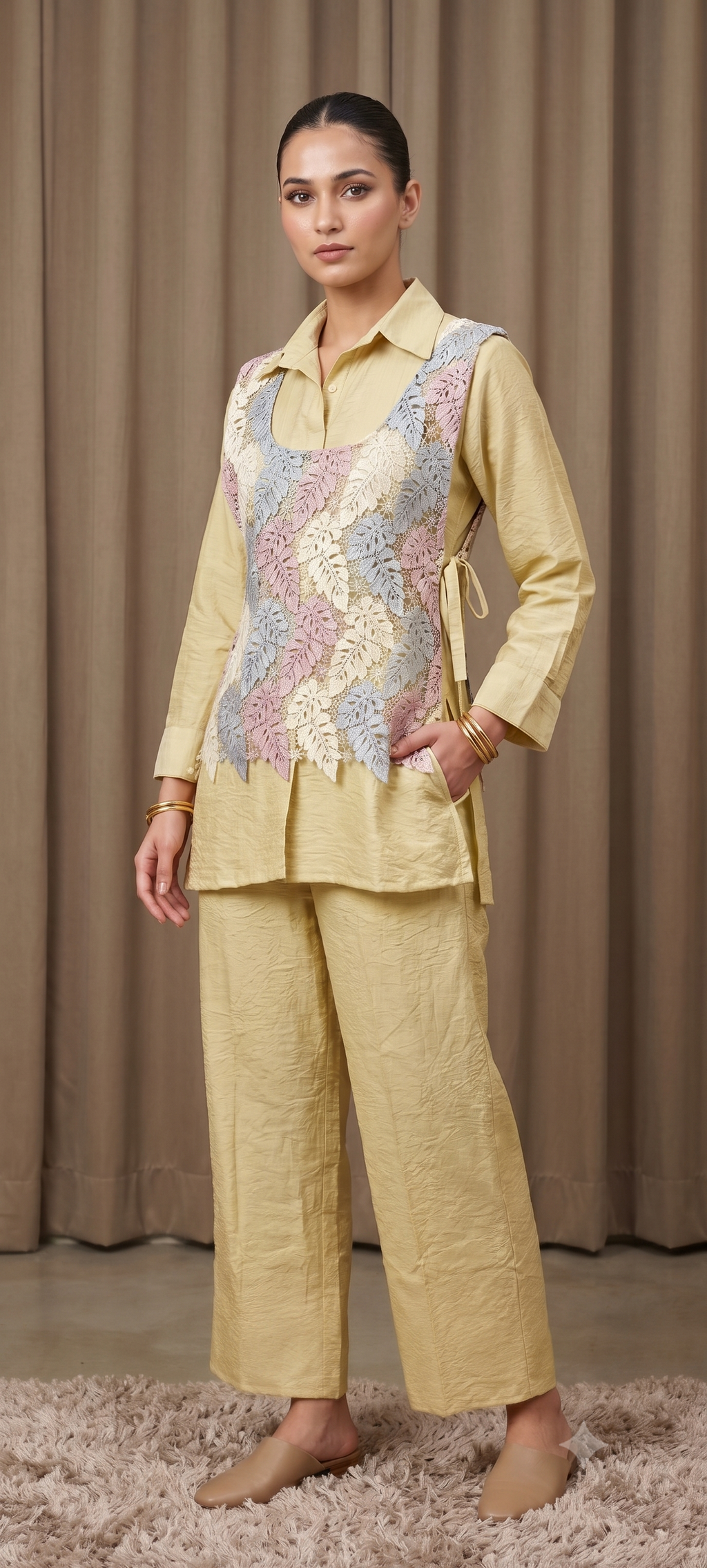 Pastel Yellow Crinkled Indo-Western Co-ord Set with Pastel Leaf Macramé Netted Overlay- 15247