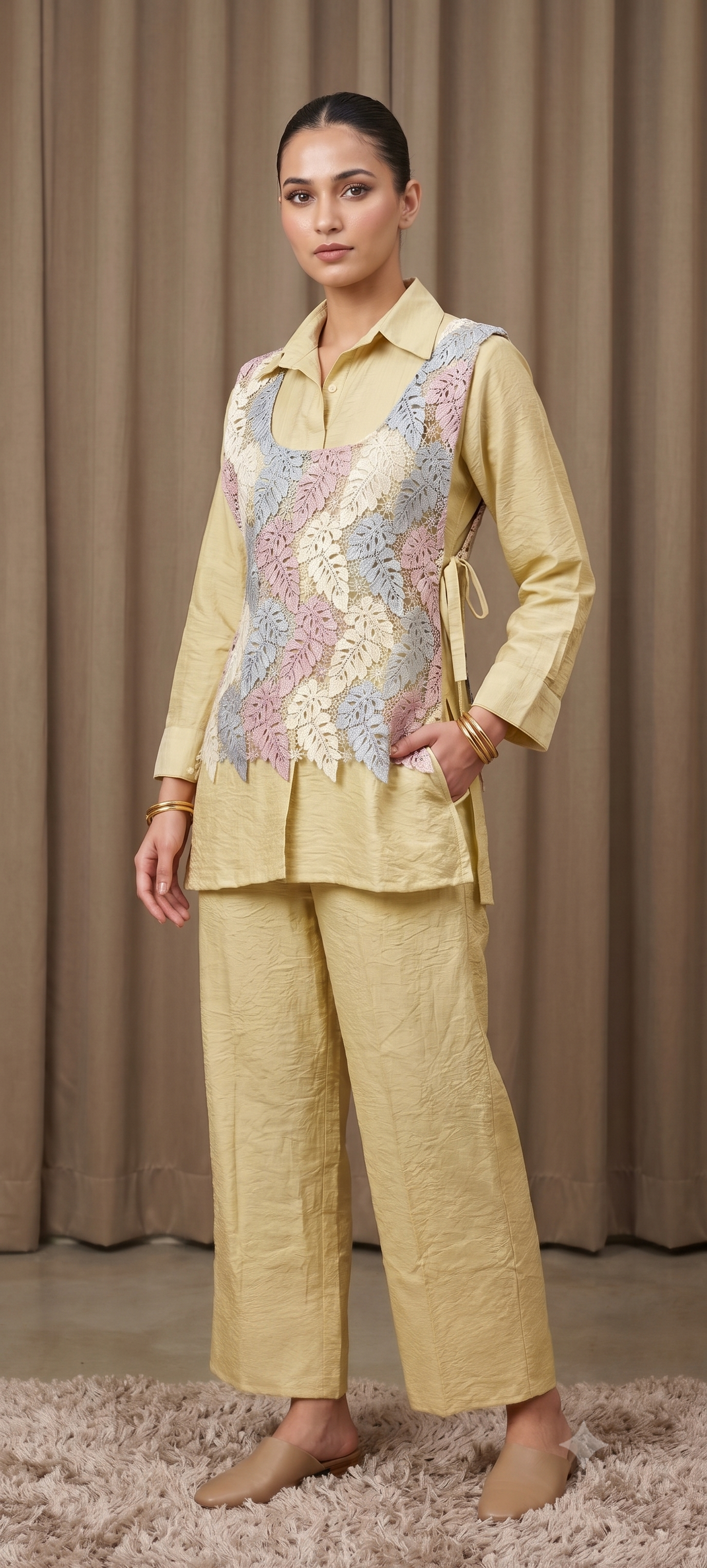 Pastel Yellow Crinkled Indo-Western Co-ord Set with Pastel Leaf Macramé Netted Overlay- 15247