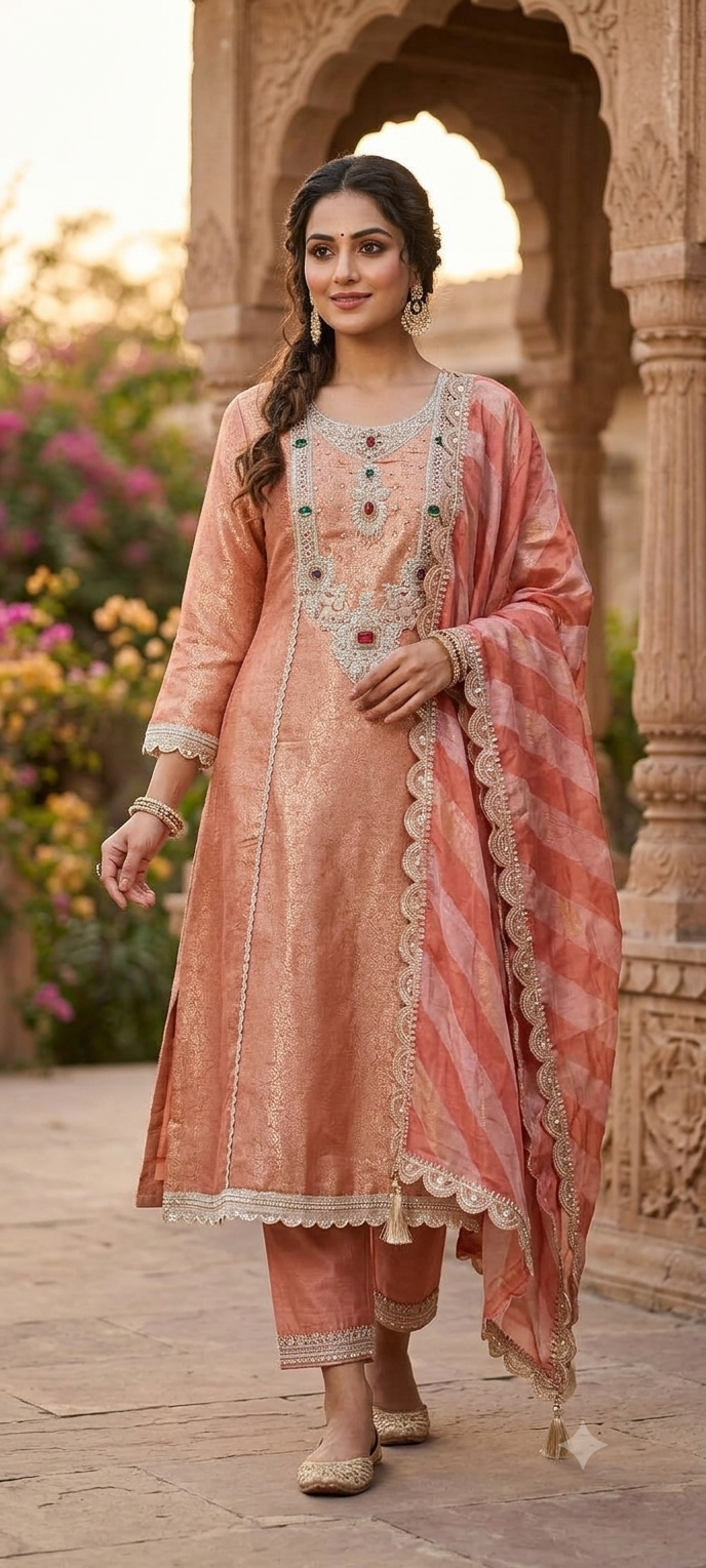 Pure Banarsi Brocade Jewel Stone Golden Panels A-Line Full Suit Set With Dupatta- 16234