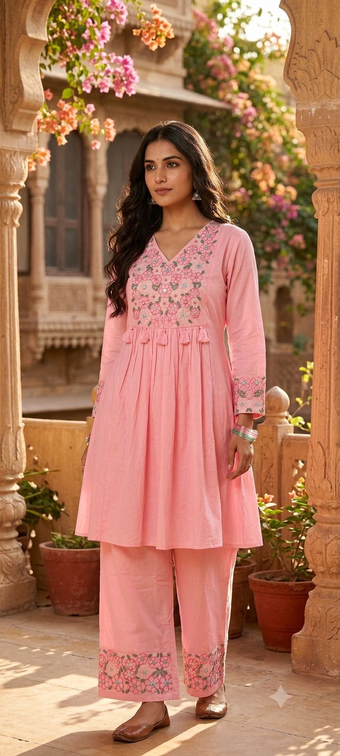 Gathered Daisy Floral Embroidered Yoke Peplum Kurta With Loose Bottom Set In Cotton Fabric- 15483