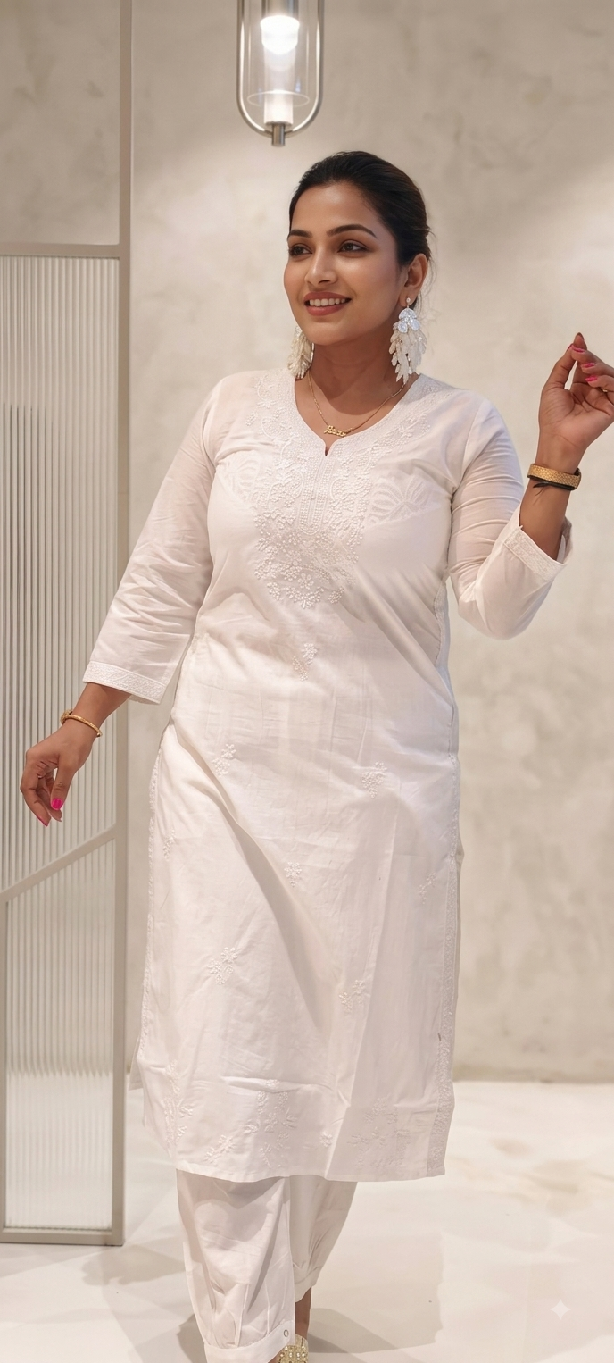 Fine Thread Intricate Embroidery Chikankari Cotton Kurti Only- 15874