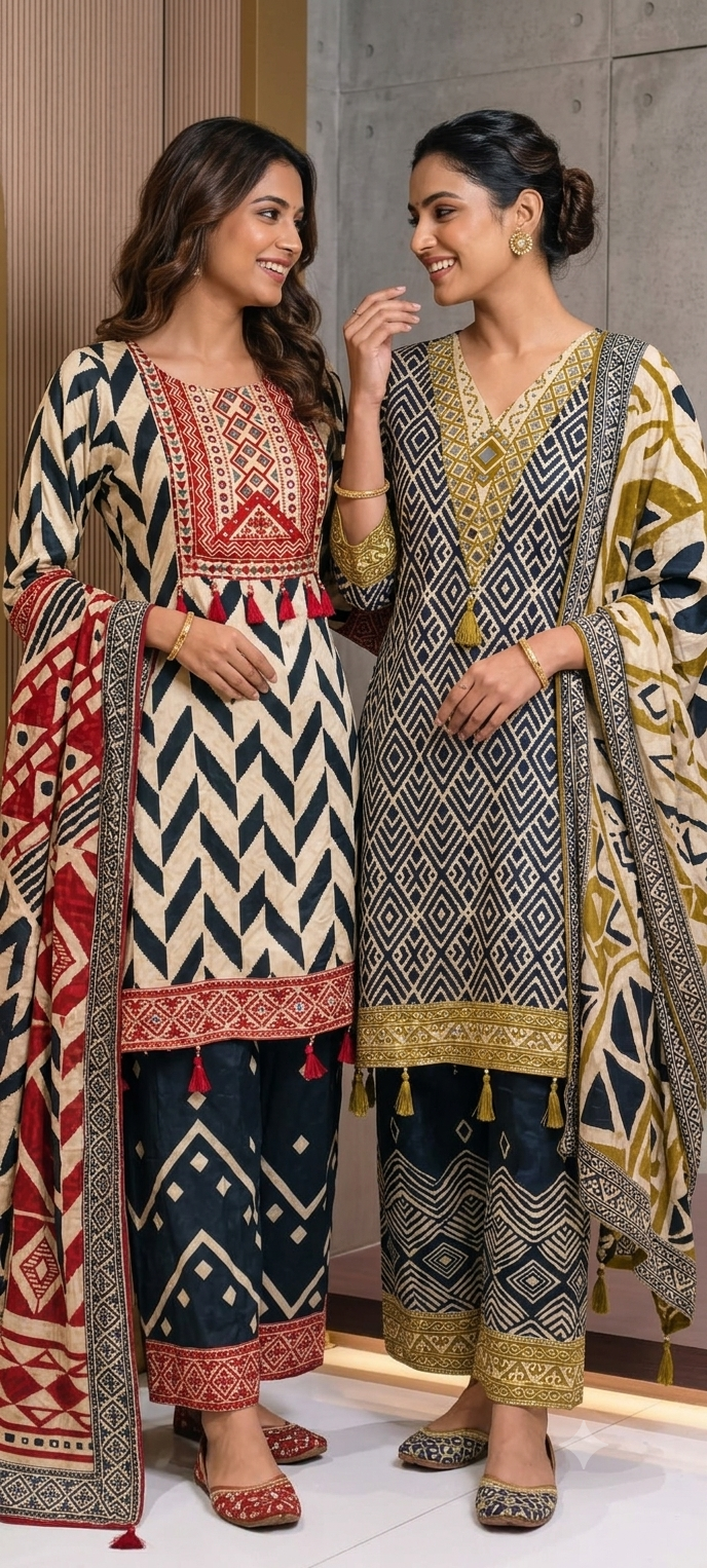 Tribal Inspired Tassel Accent Multi Printed Flowy Crepe Fancy Full Suit Set With Dupatta- 15418, 15419