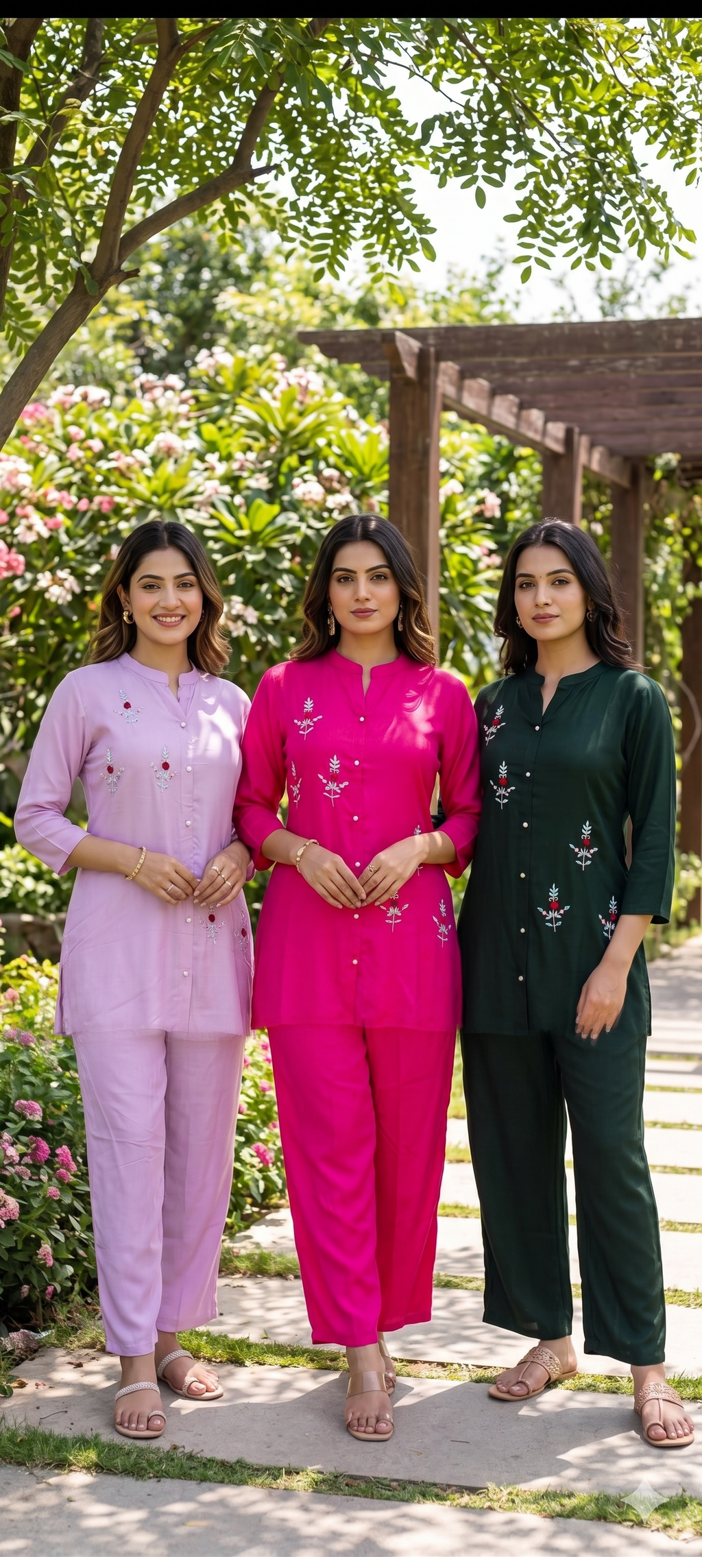 Elegant Floral Embroidered Co-ord Set Button-Down Tunic & Matching Trousers- 14874