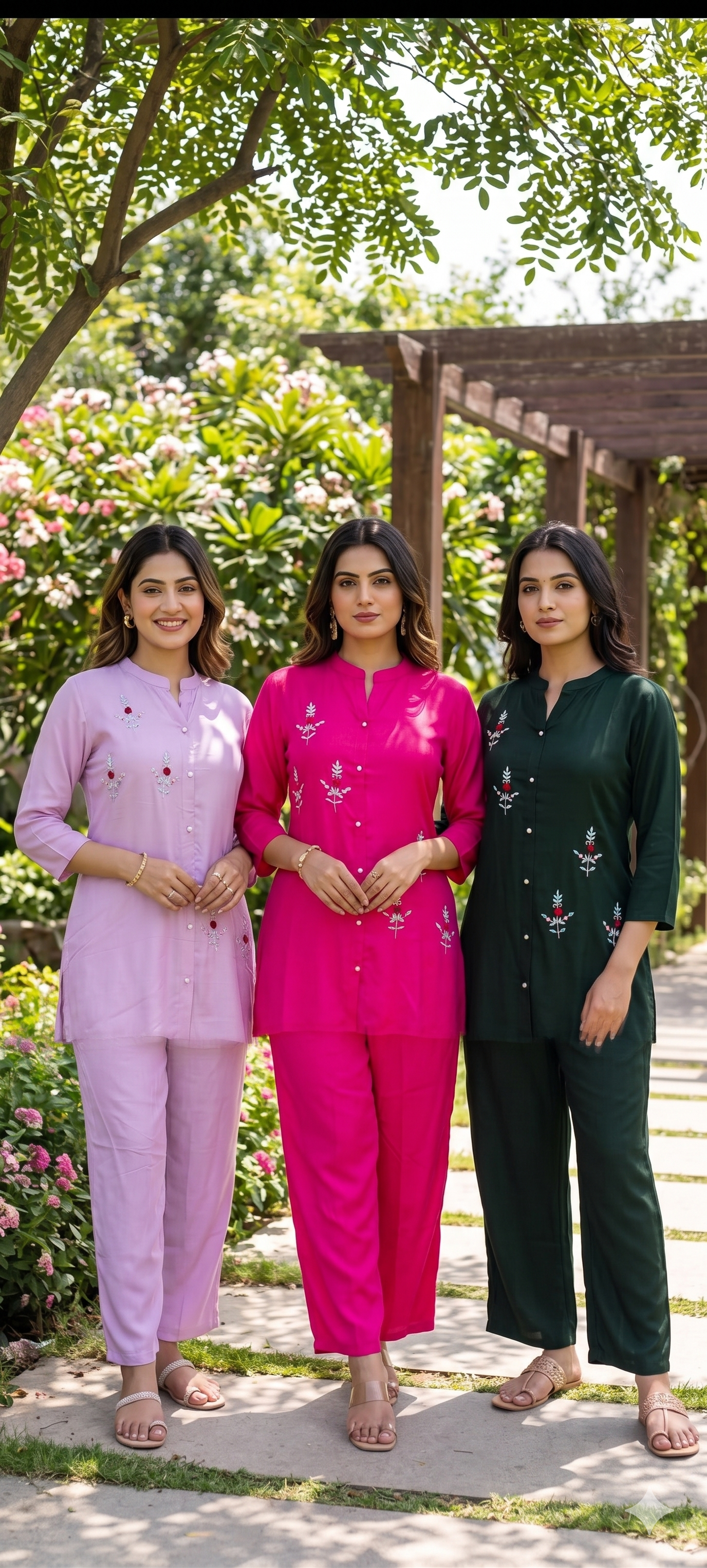 Elegant Floral Embroidered Co-ord Set Button-Down Tunic & Matching Trousers- 14874