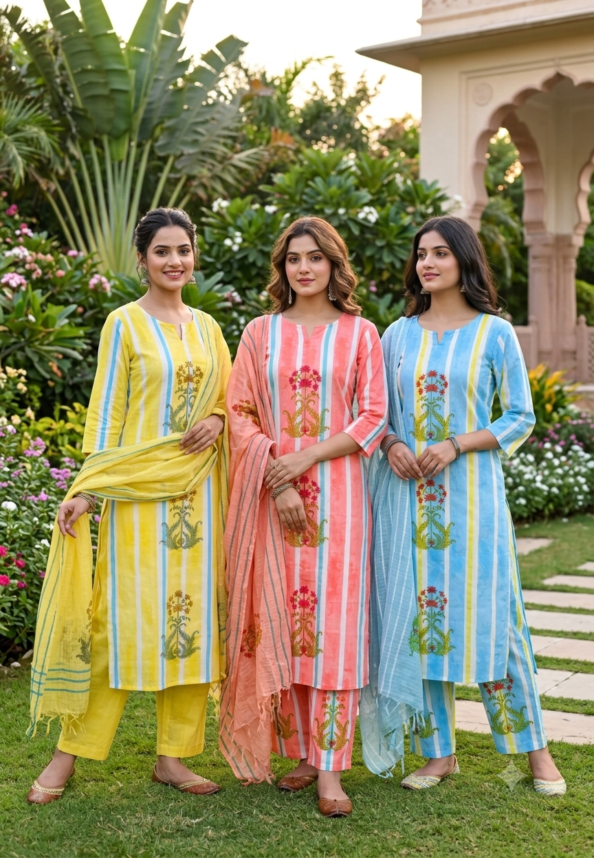Candy Striped Floral Print Straight Full Suit Set With Dupatta In Cotton Fabric- 15821