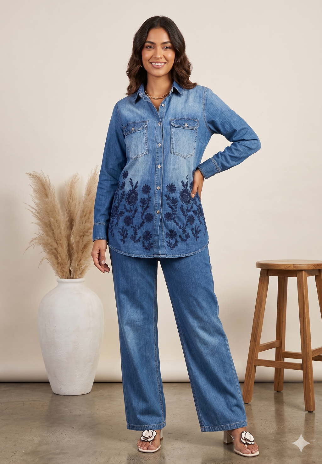 Unique Contemporary Look Floral Ombre Denim Embroidered Co-Ord Set- 14464 W158