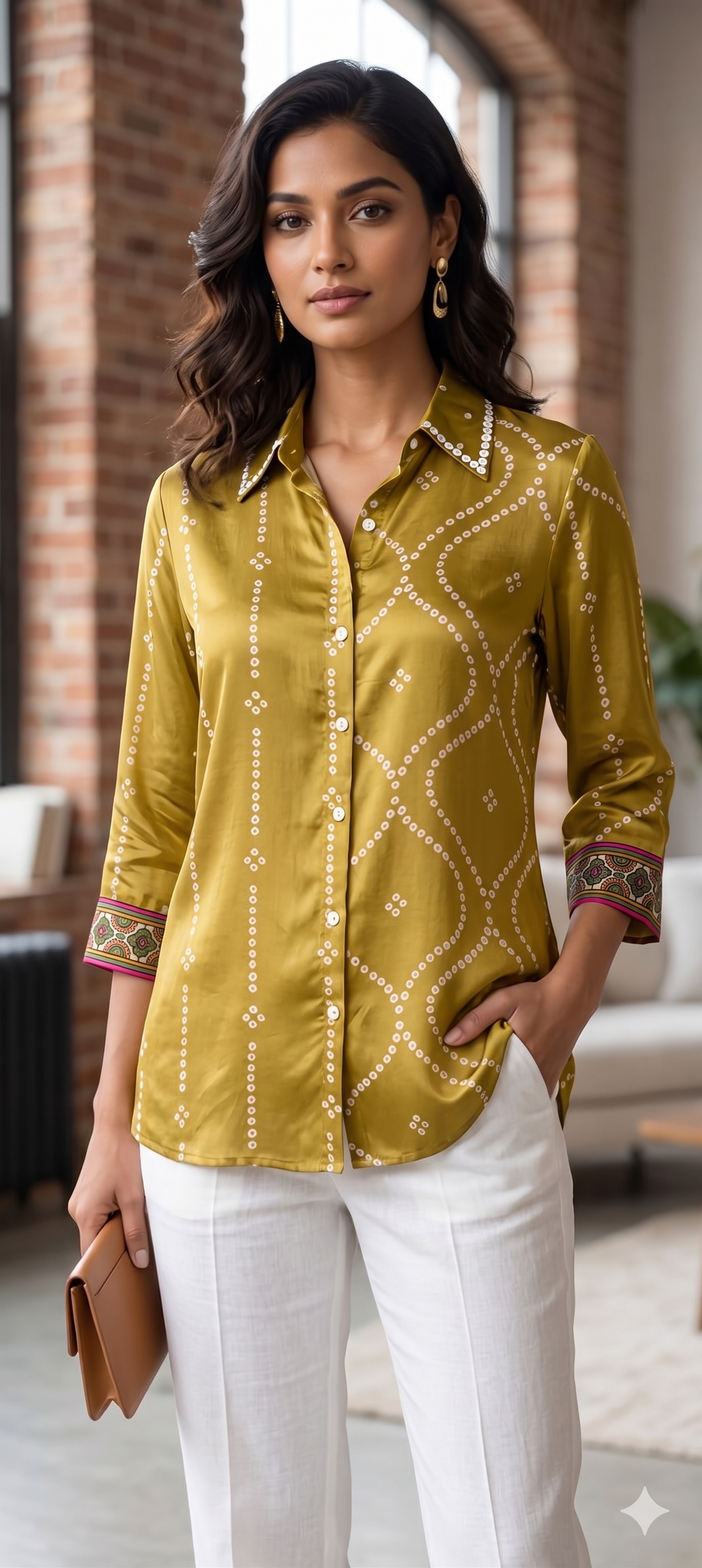 Women's Premium Mustard Bandhani Printed Soft Crepe Casual Shirt Top- 15114