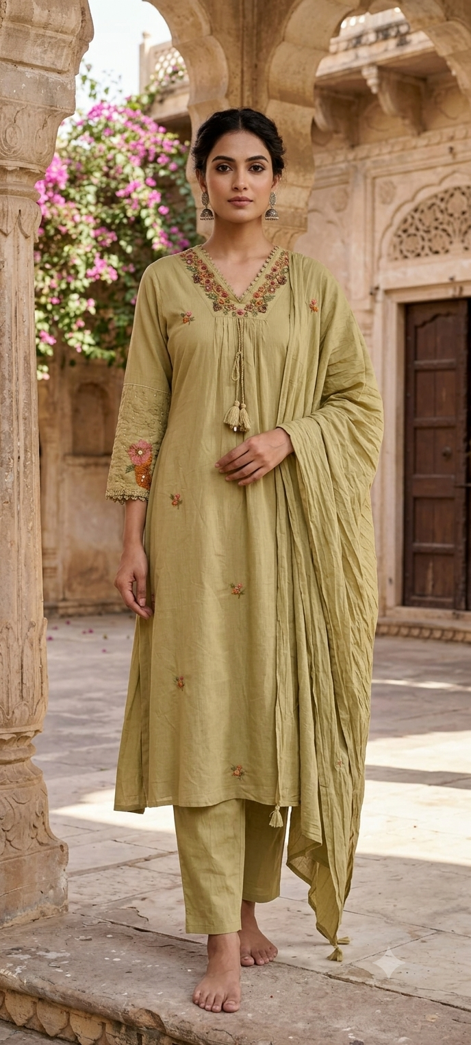 Fine Intricate Floral Embroidery With Crosia Touch Neckline Sili Cotton A-Line Full Suit Set With Dupatta- 15672
