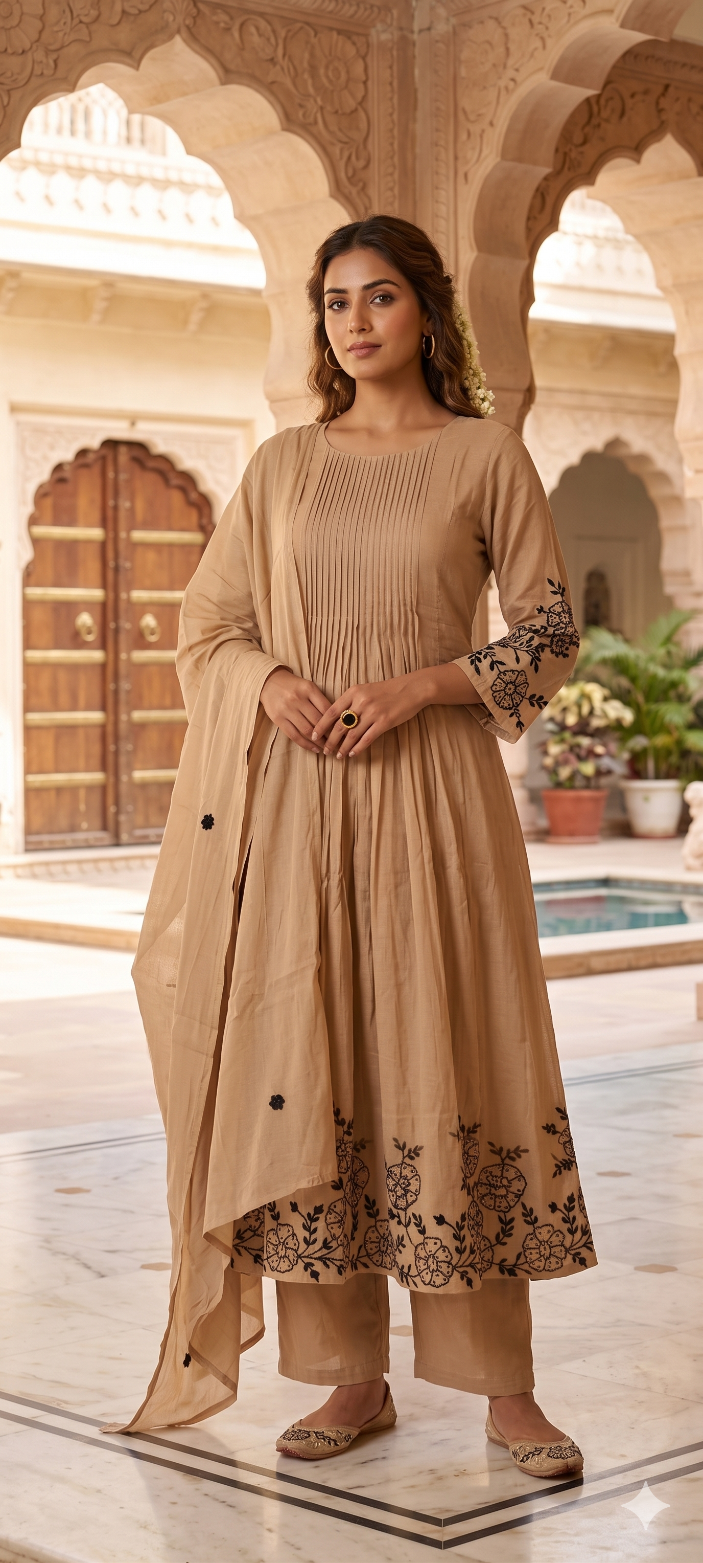 Surat Mul Chanderi Intricate Fine Embroidery Pleated A-Line Solid Full Suit Set With Dupatta- 14677