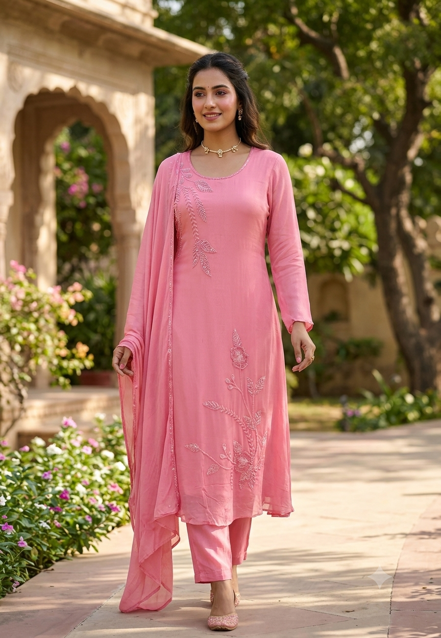 Vine & Floral Branch Intricate Cutdana Embroidered Full Suit Set With Dupatta- 15939