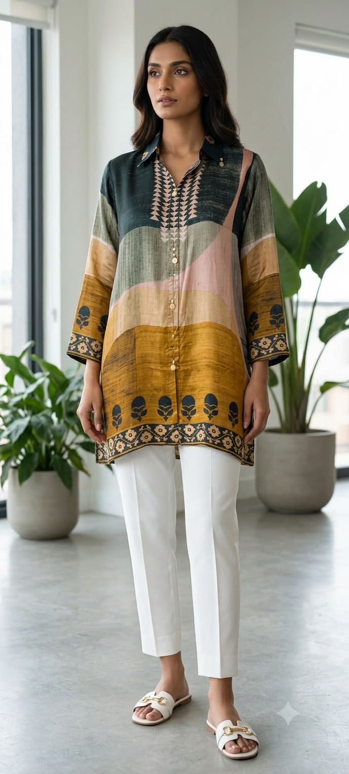 Beautiful Illusional Multi Tone Printed Crepe Shirt- 15634