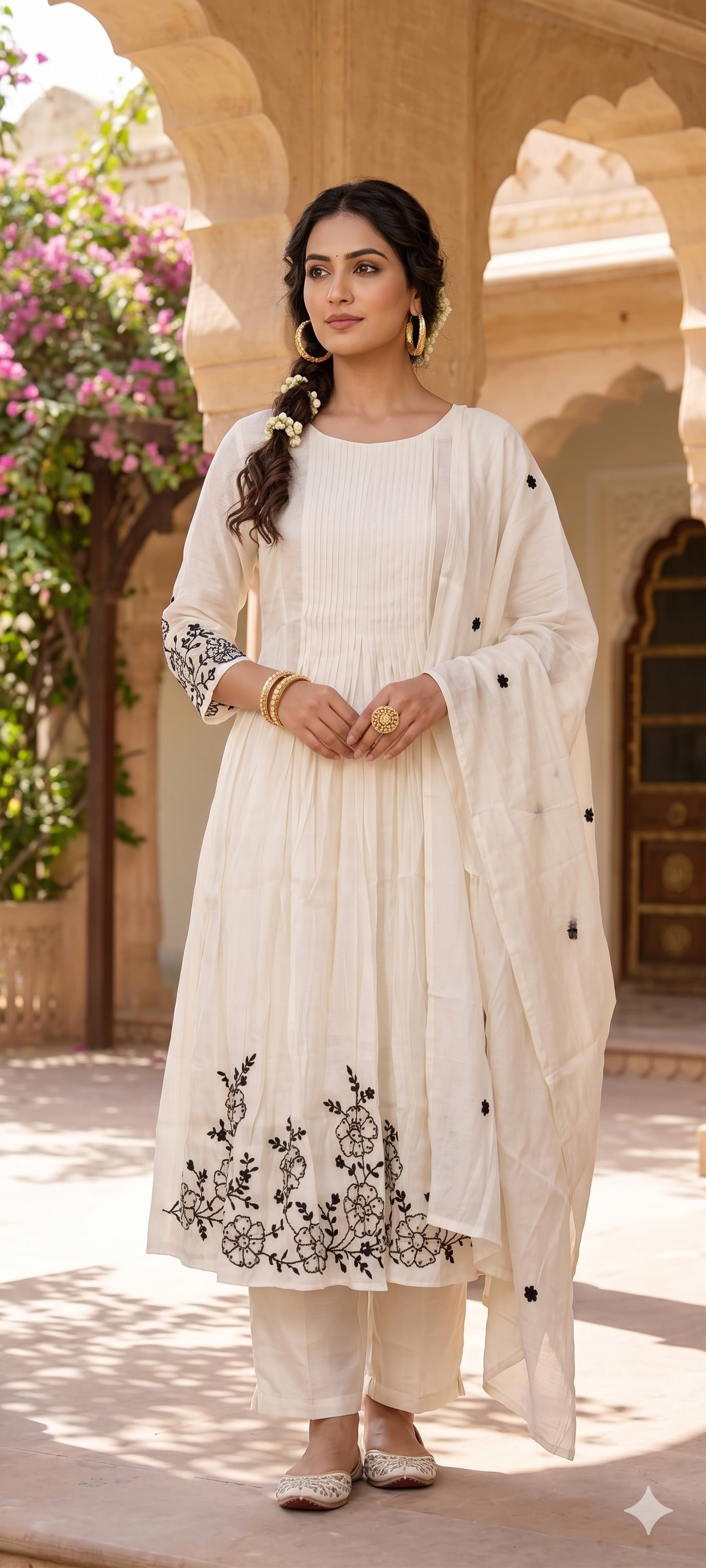 Surat Mul Chanderi Intricate Fine Embroidery Pleated A-Line Solid Full Suit Set With Dupatta- 14677