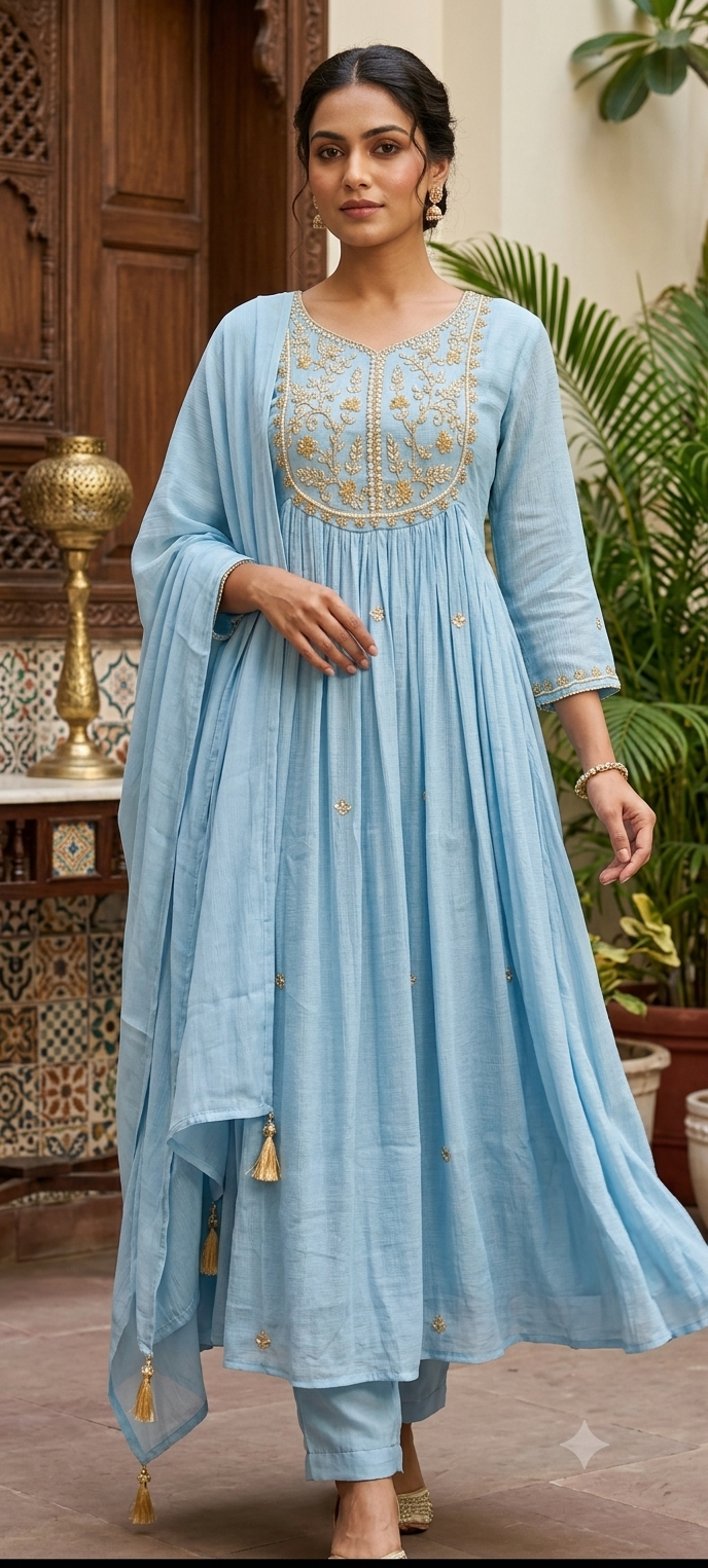 Zardosi Cut-Dana Embroidered Yoke Surat Mul-Chanderi Anarkali Full Suit Set With Dupatta- 15319
