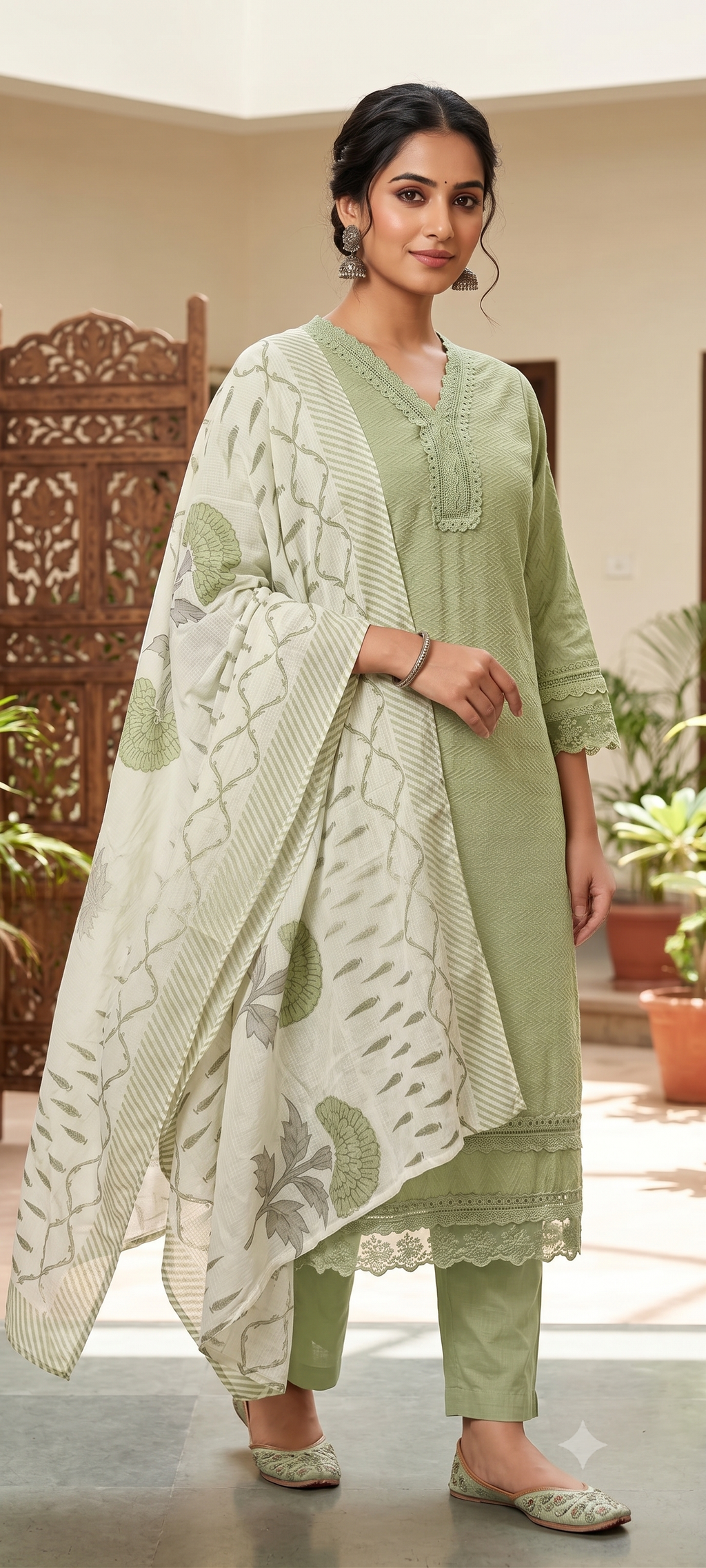 Elegant Straight Graceful Cotton Full Suit Set with Printed Dupatta & Lace Detailing- 14833