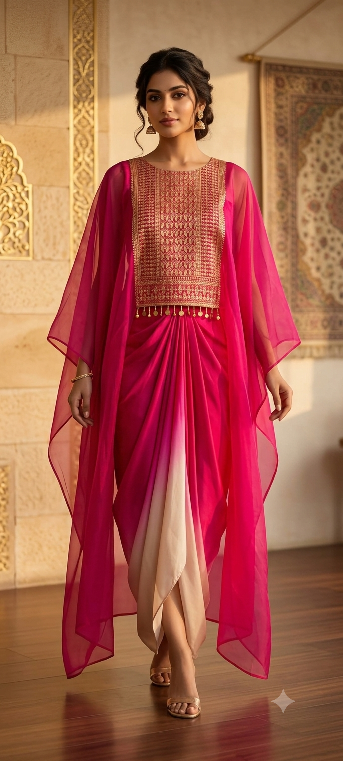Fuchsia & Purple Ombre Draped Indo-Western Kaftan Set with Gold Brocade Tassel Yoke- 15544