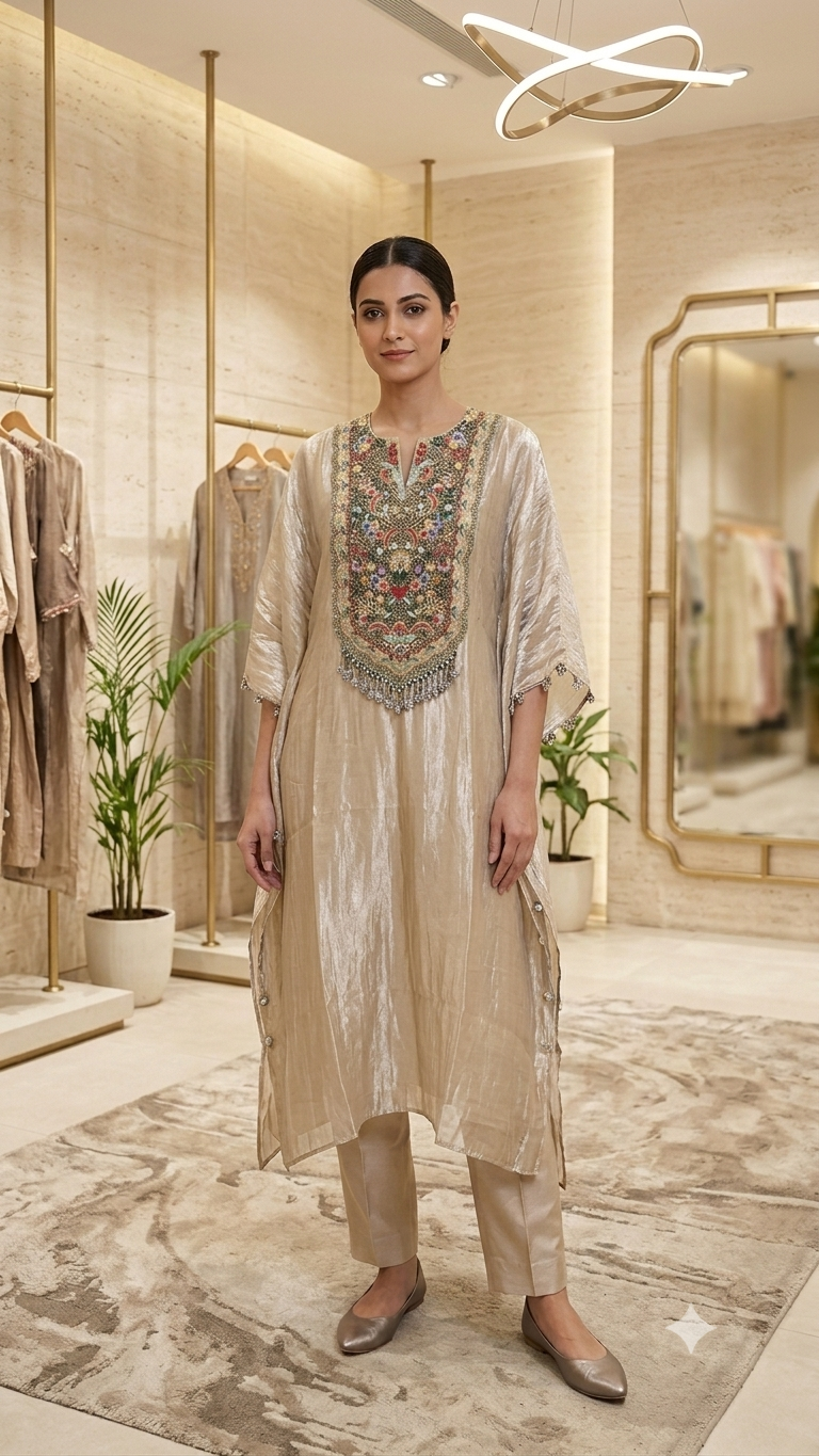 Premium Handcrafted Tissue Kaftan with Bottom And Multicolor Floral Embroidery-15684