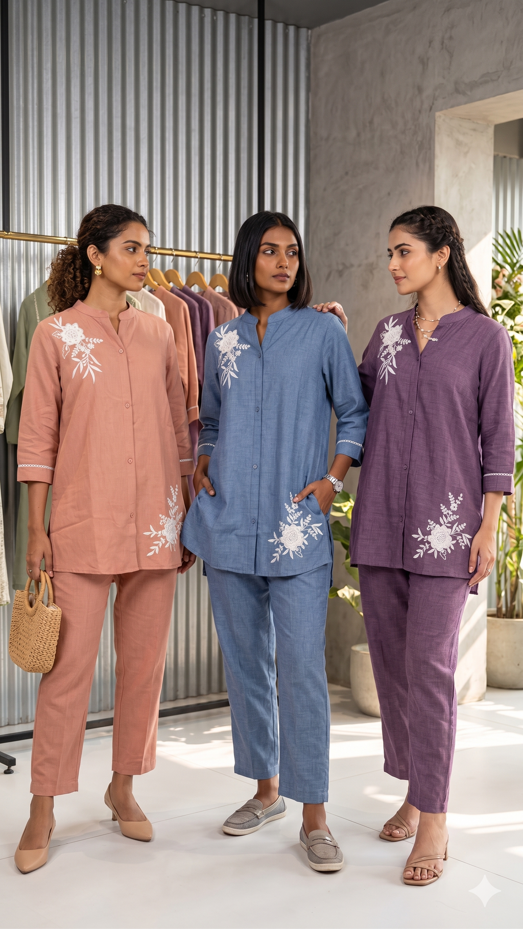 Suttle Floral Embroidery Smart Casual Look Solid Cotton Co-Ord Set-
