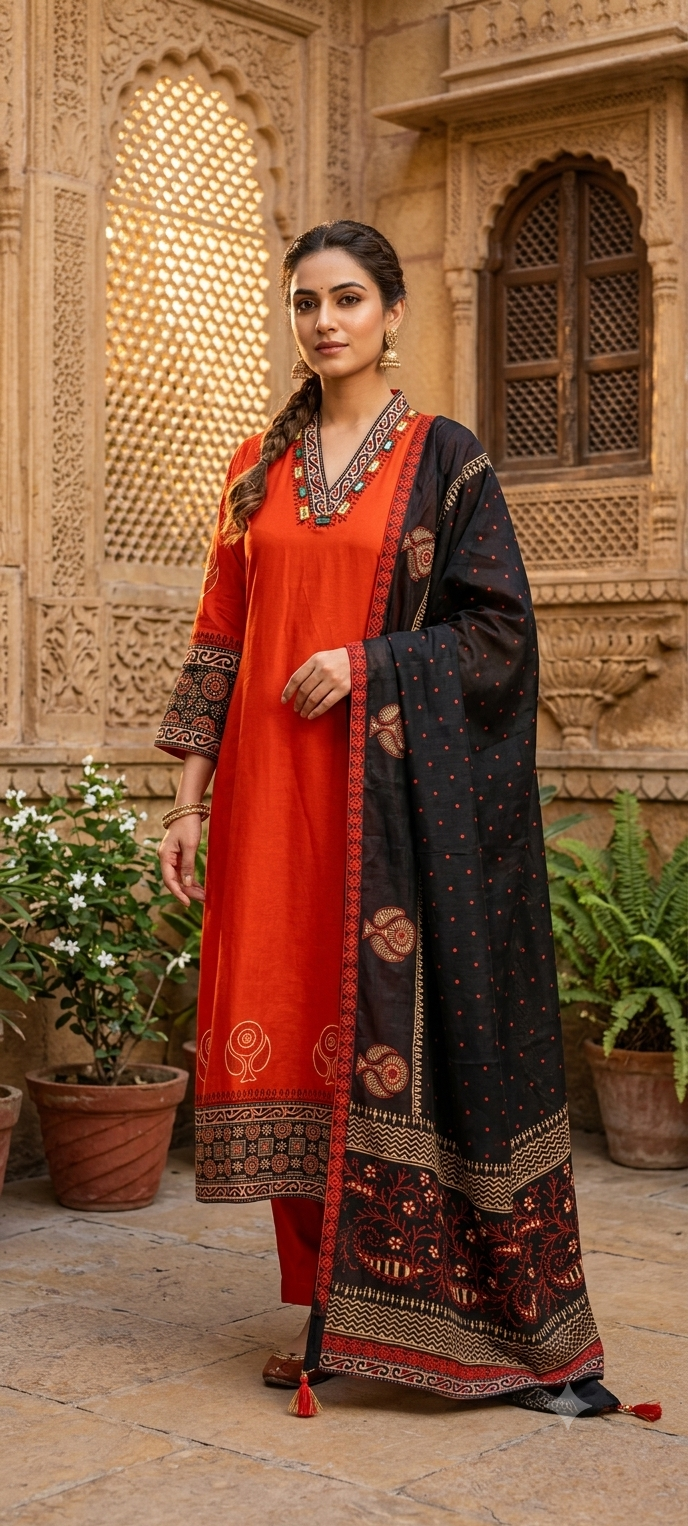 Dual Color Combination Ethnic Printed Full Suit Set With Dupatta- 15637